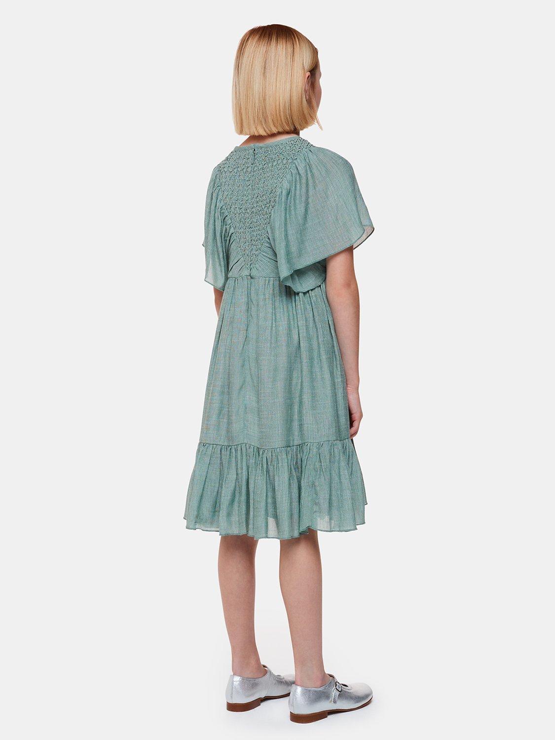 Product image 2 of 6, which shows Whistles Kids' Willa Smocked Dress, Sage Green, 4-5 years