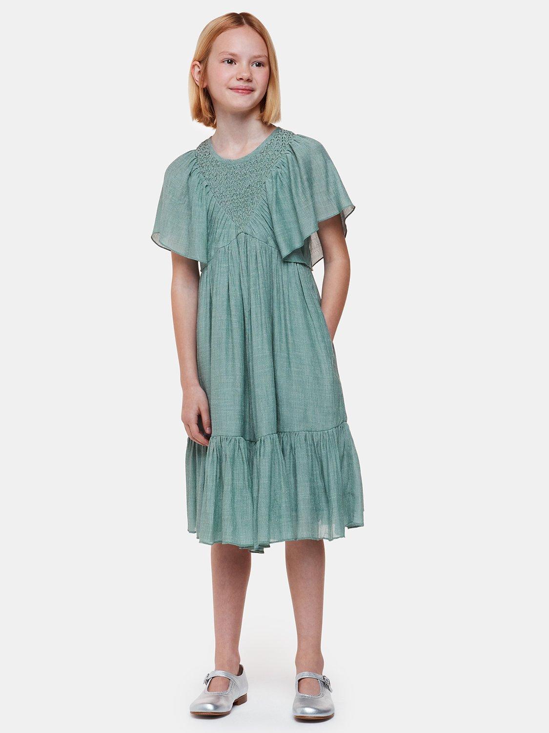 Product image 3 of 6, which shows Whistles Kids' Willa Smocked Dress, Sage Green, 4-5 years
