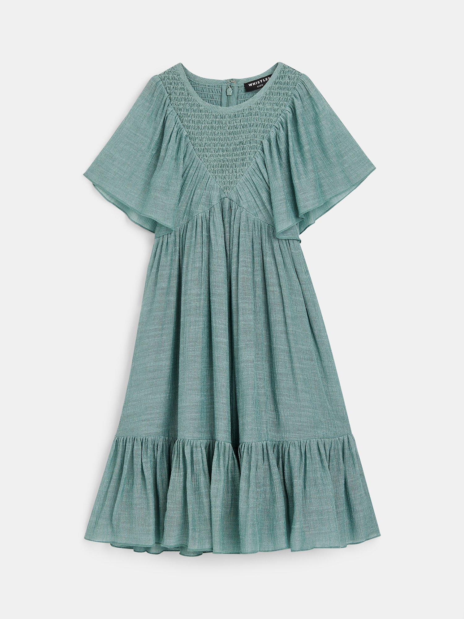 Product image 6 of 6, which shows Whistles Kids' Willa Smocked Dress, Sage Green, 4-5 years