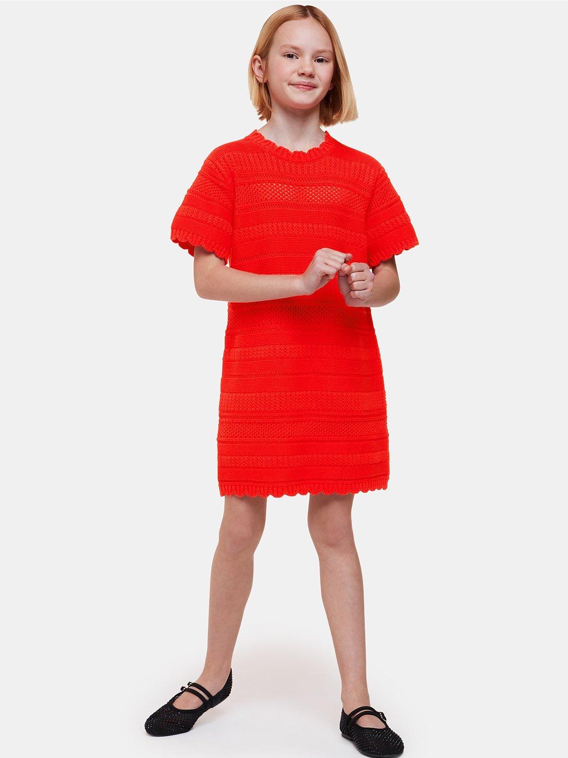 Product image 1 of 6, which shows Whistles Kids' Crochet Knit Dress, Red, 3-4 years