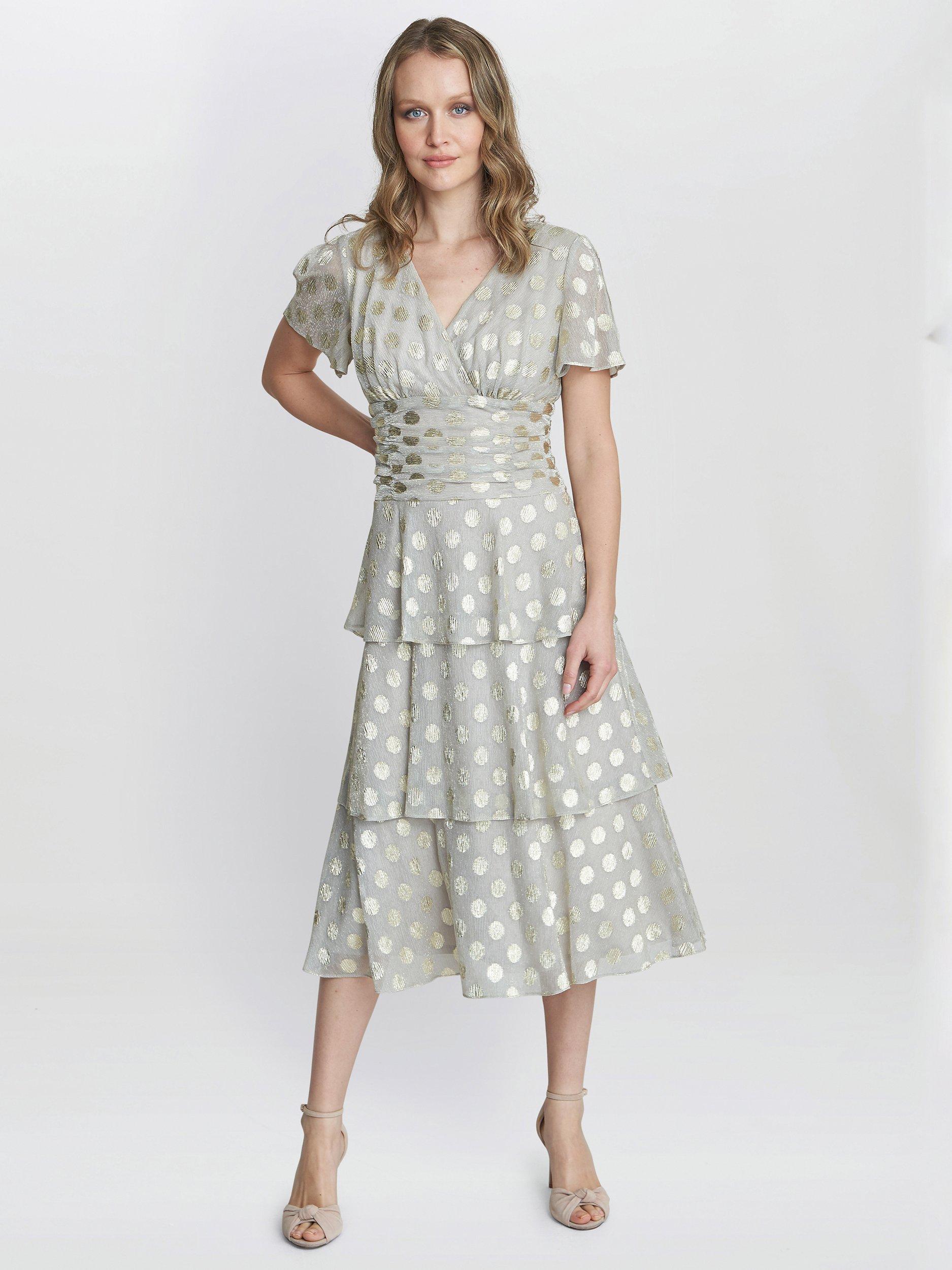 Product image 1 of 5, which shows Gina Bacconi Cassie Metallic Spot Tiered Midi Dress, Gold, 10