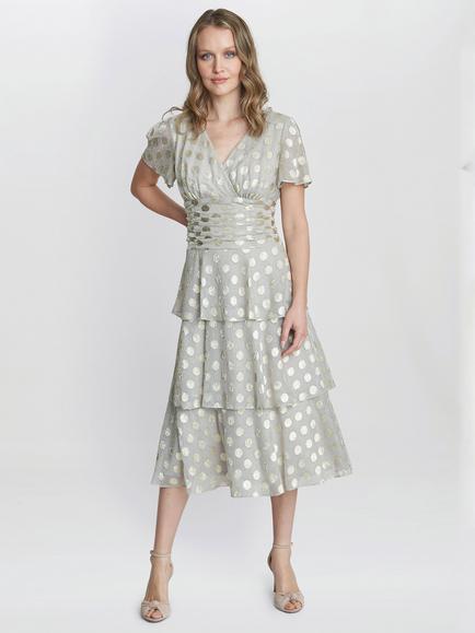 Gina Bacconi Cassie Metallic Spot Tiered Midi Dress, Gold, Gold