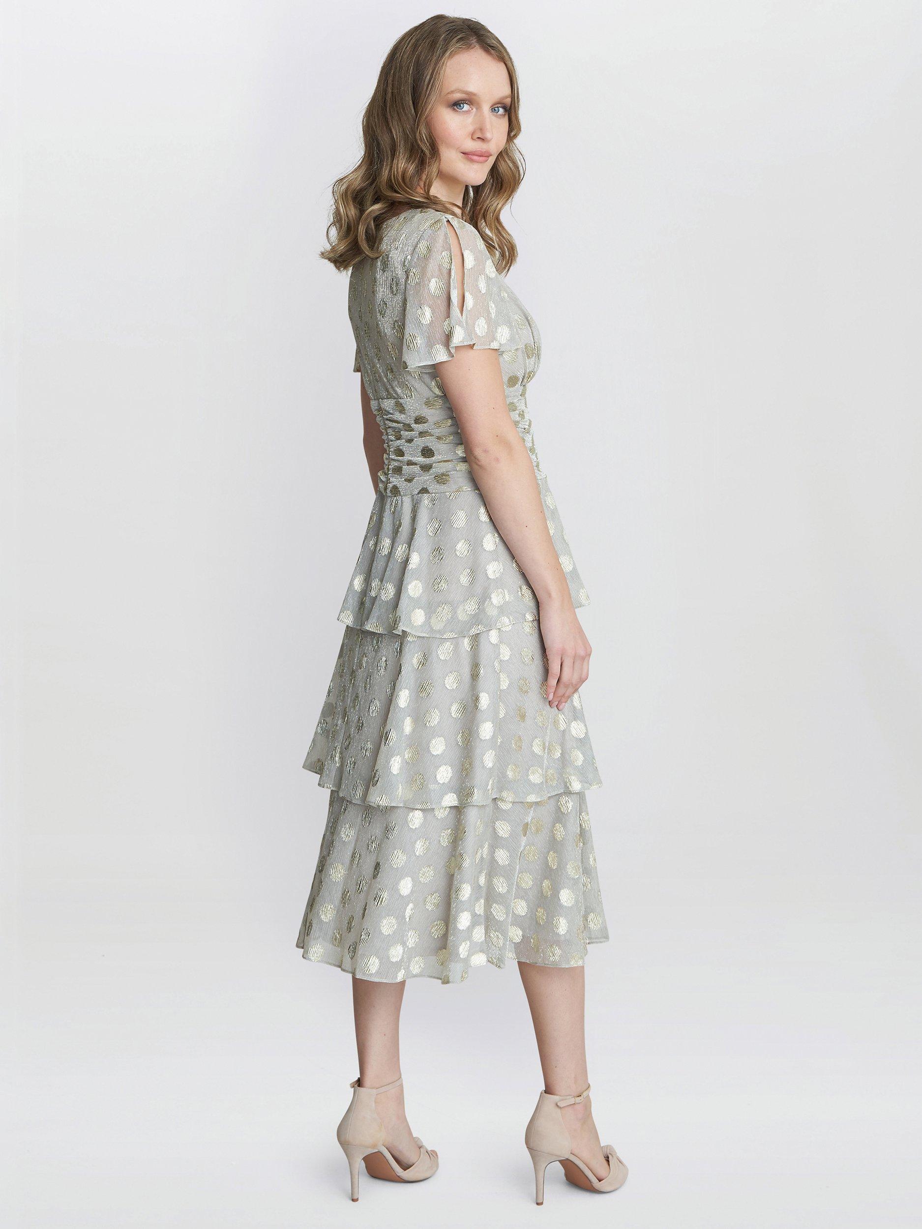 Product image 2 of 5, which shows Gina Bacconi Cassie Metallic Spot Tiered Midi Dress, Gold, 10