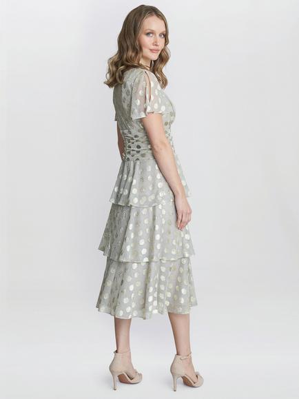 Gina Bacconi Cassie Metallic Spot Tiered Midi Dress, Gold - view 2, Gold