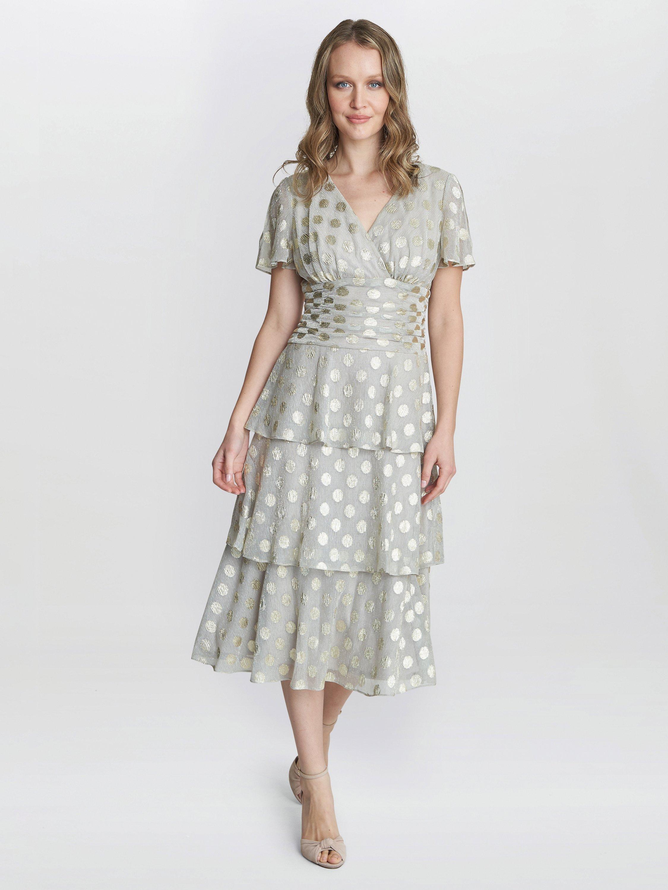Product image 3 of 5, which shows Gina Bacconi Cassie Metallic Spot Tiered Midi Dress, Gold, 10