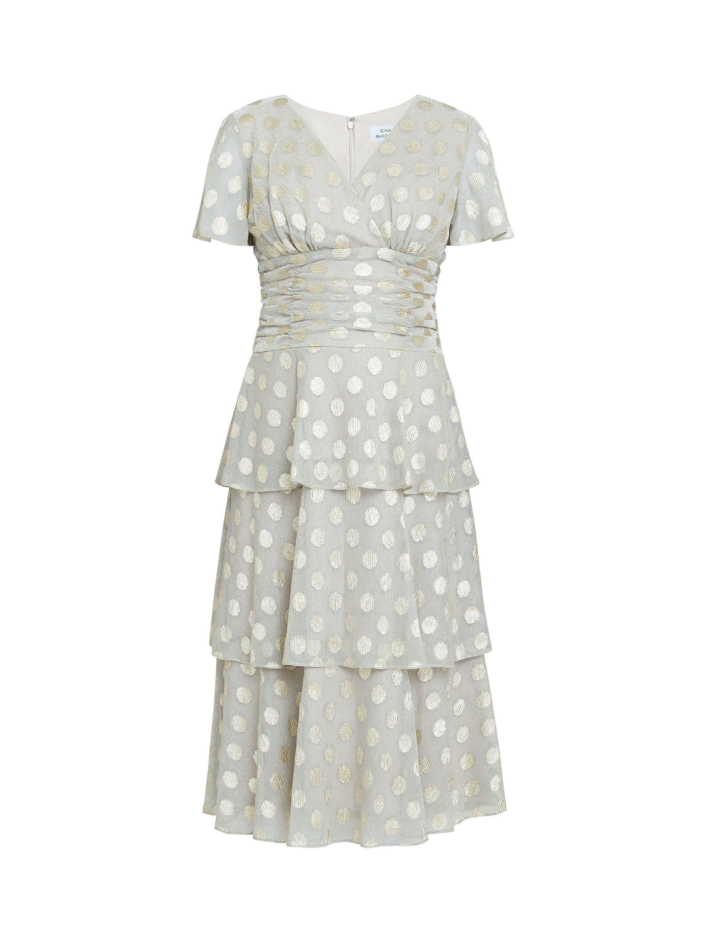Product image 5 of 5, which shows Gina Bacconi Cassie Metallic Spot Tiered Midi Dress, Gold, 10