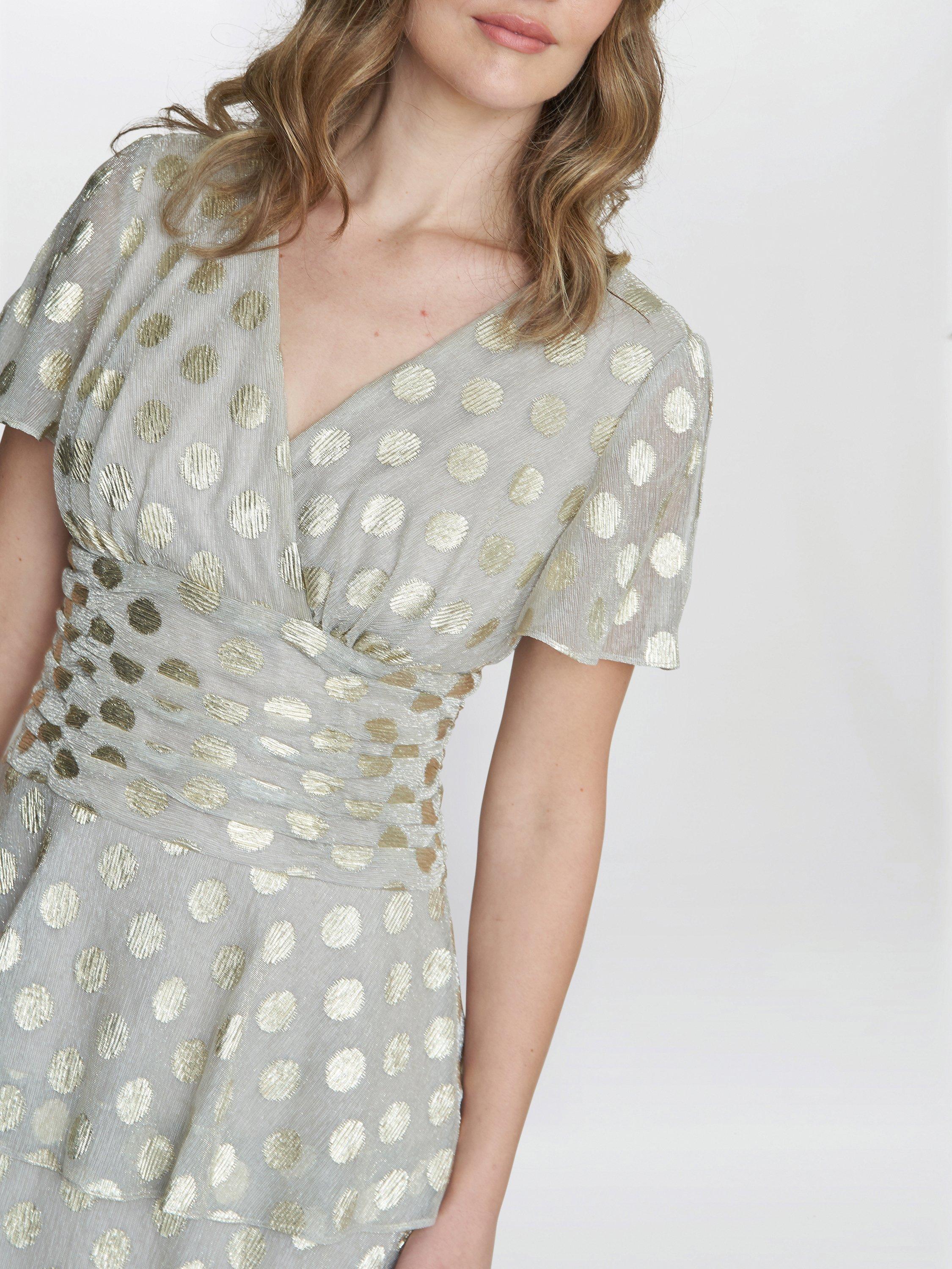 Product image 4 of 5, which shows Gina Bacconi Cassie Metallic Spot Tiered Midi Dress, Gold, 10
