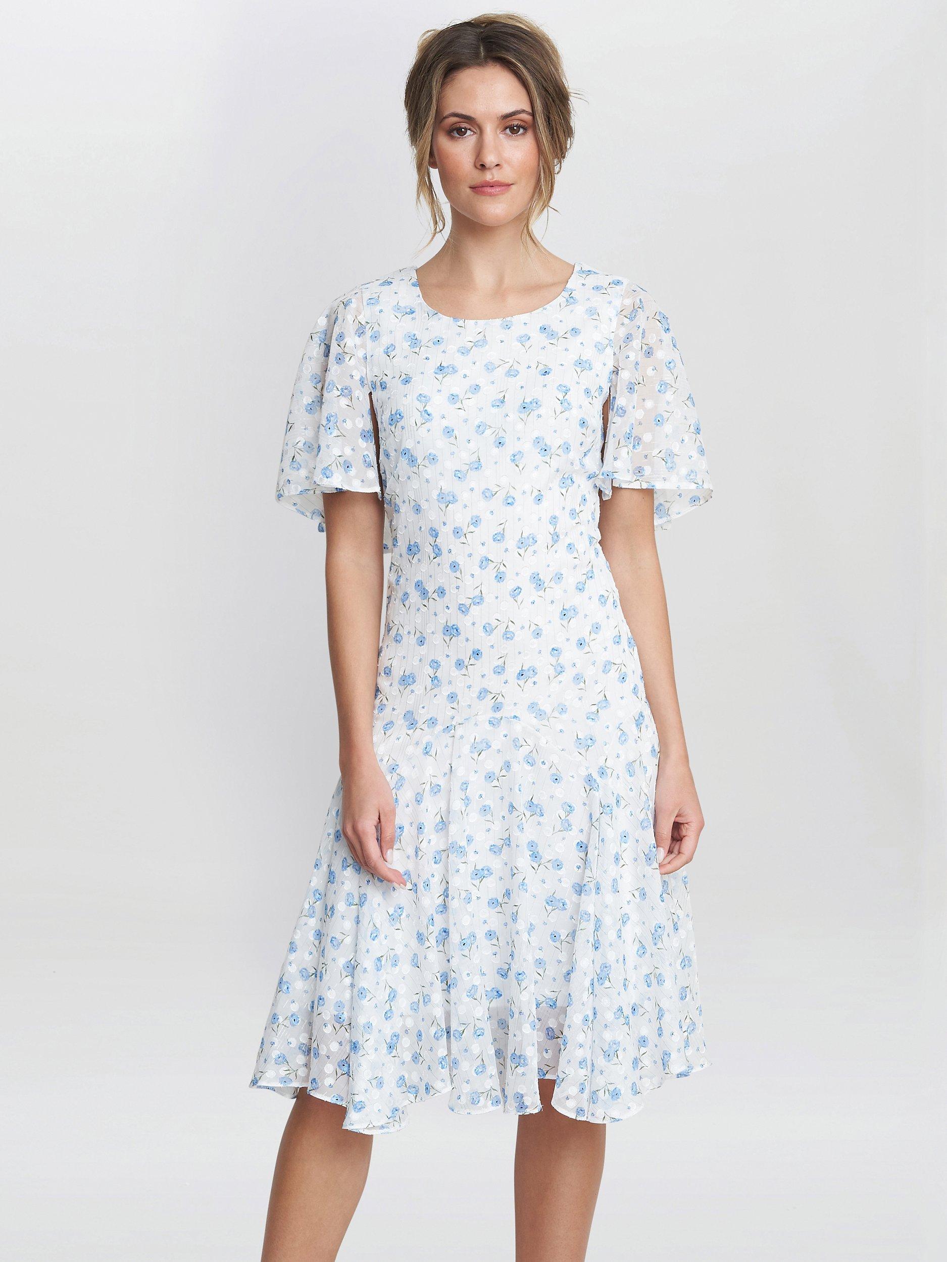 Gina Bacconi Annette Chiffon Knee Length, Blue/White, 8