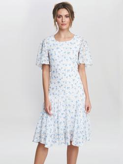 Gina Bacconi Annette Chiffon Knee Length, Blue/White, Blue/White