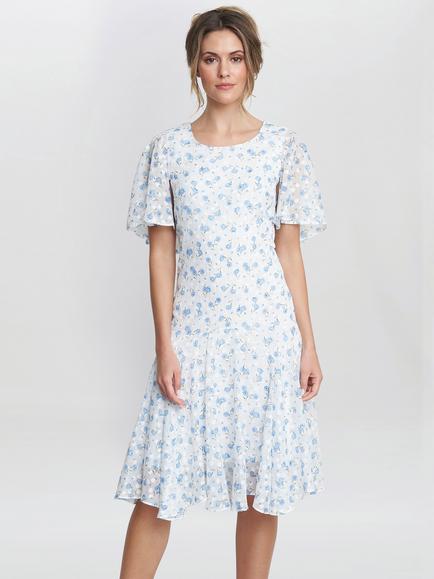 Gina Bacconi Annette Chiffon Knee Length, Blue/White, Blue/White