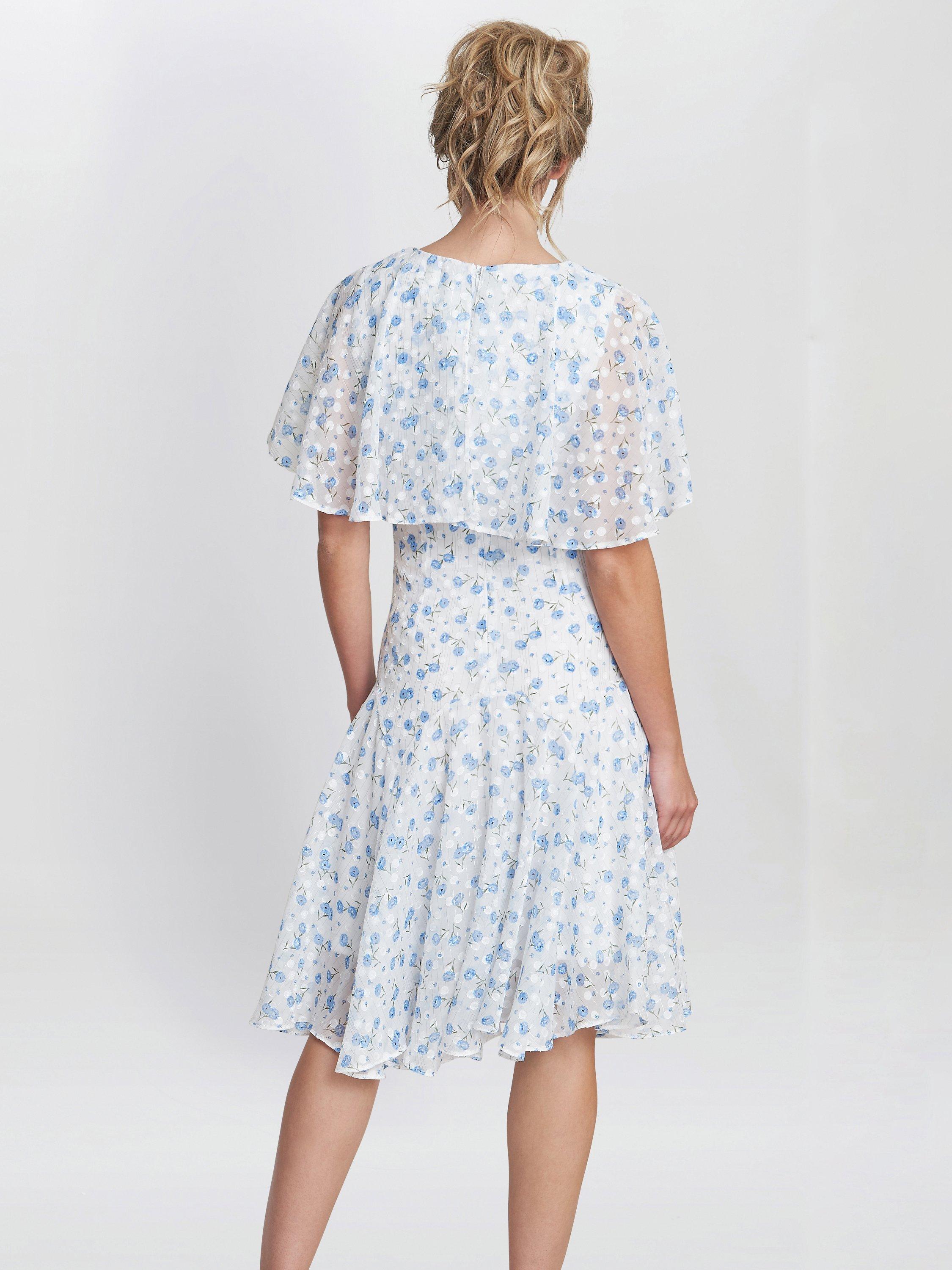 Gina Bacconi Annette Chiffon Knee Length, Blue/White, 8