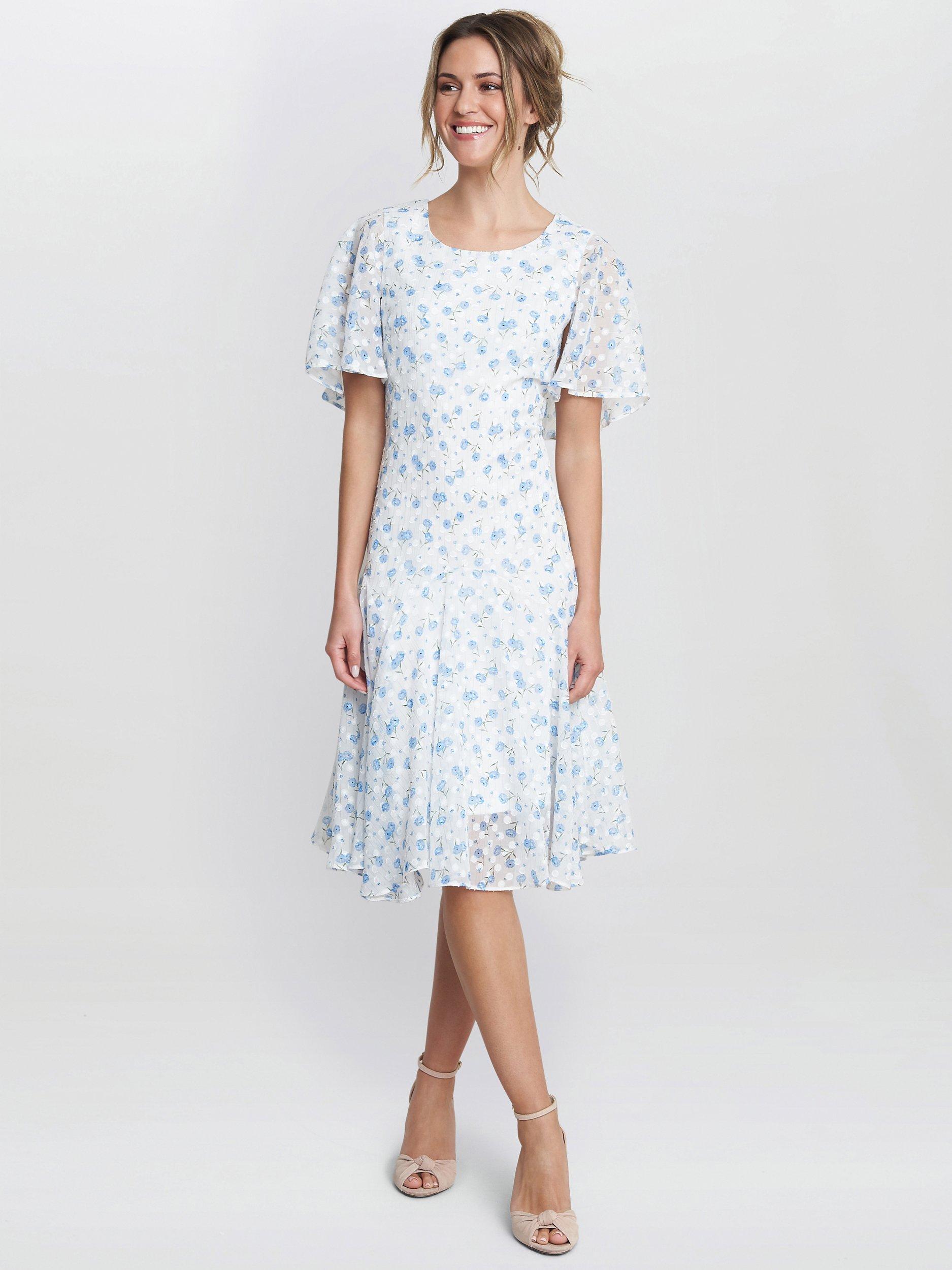 Gina Bacconi Annette Chiffon Knee Length, Blue/White, 8