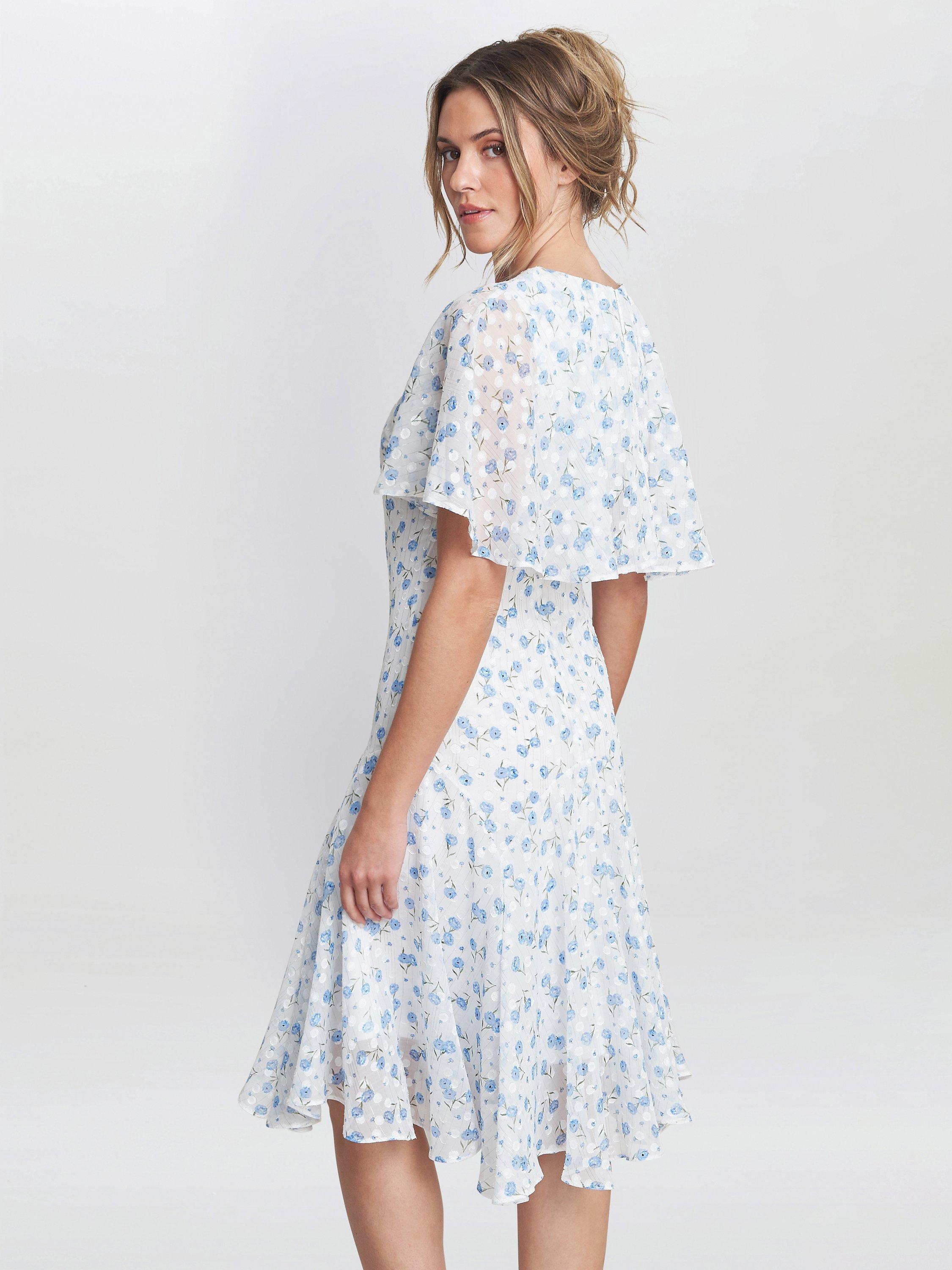Gina Bacconi Annette Chiffon Knee Length, Blue/White, 8