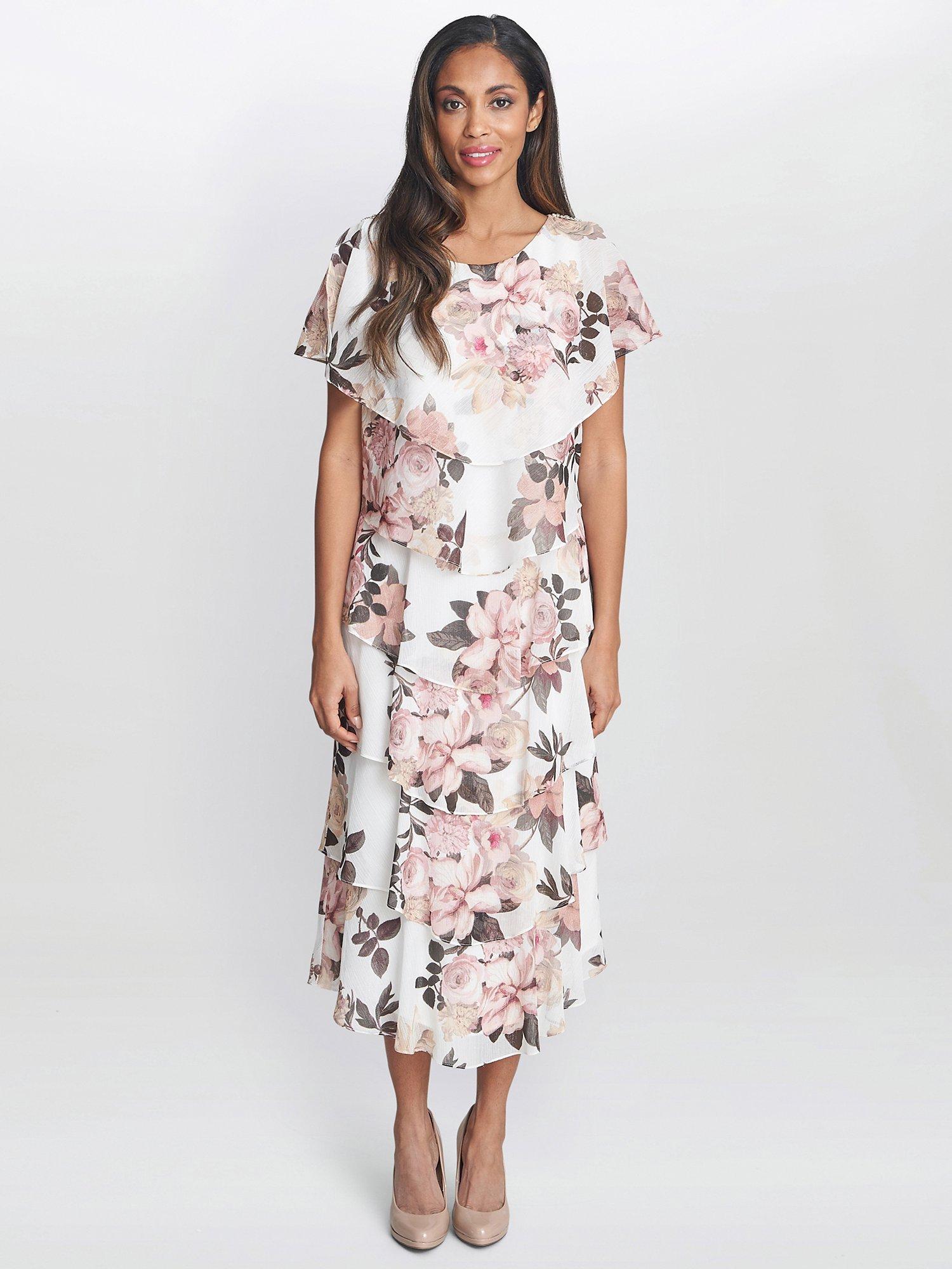 Product image 1 of 6, which shows Gina Bacconi Alice Tiered Midi Dress, Ivory/Pink, 10