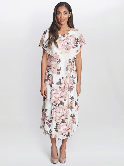 Gina Bacconi Alice Tiered Midi Dress, Ivory/Pink, Ivory/Pink