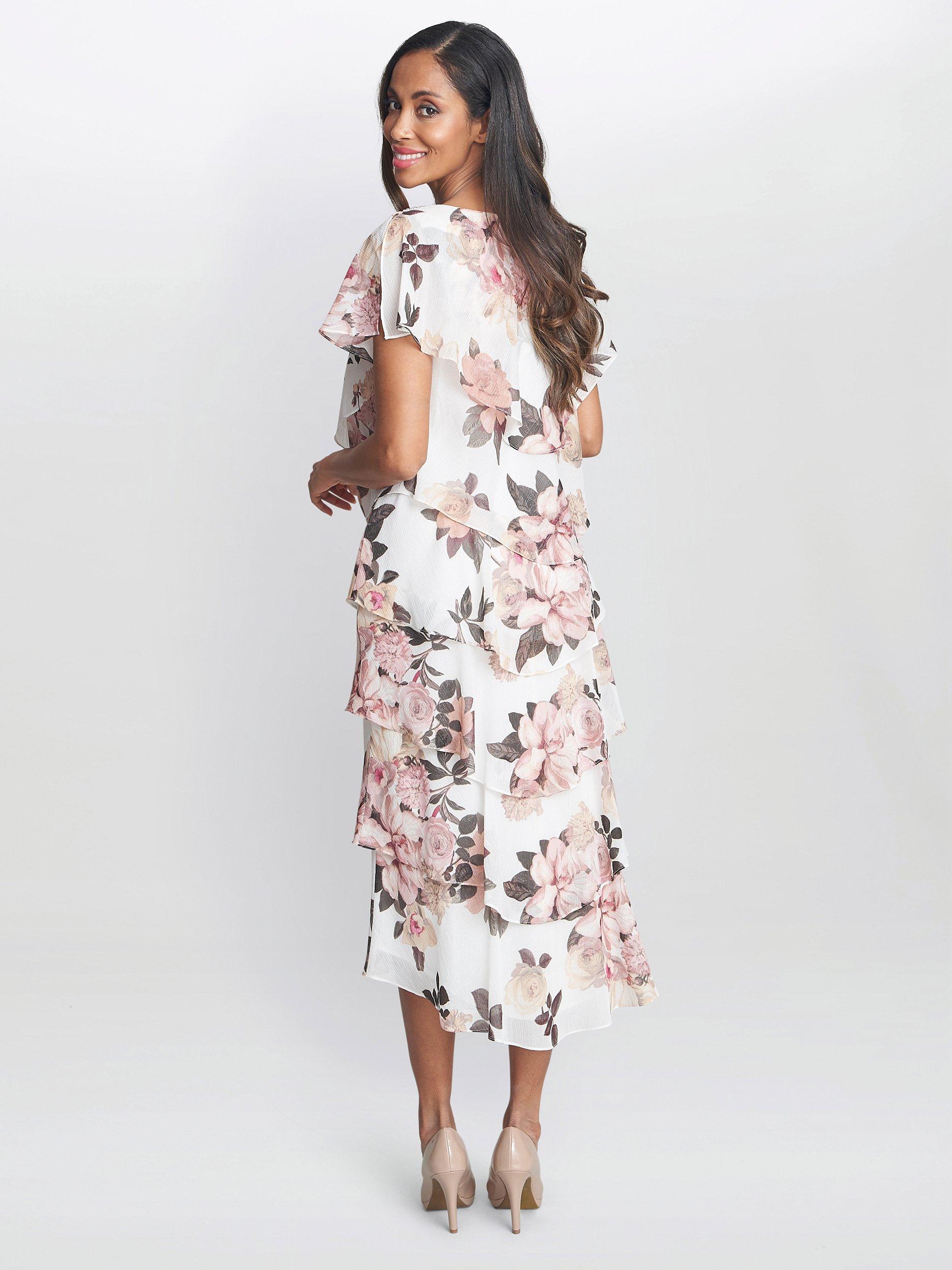 Product image 2 of 6, which shows Gina Bacconi Alice Tiered Midi Dress, Ivory/Pink, 10