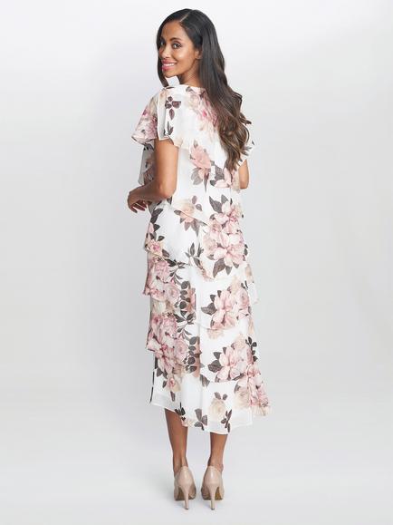 Gina Bacconi Alice Tiered Midi Dress, Ivory/Pink - view 2, Ivory/Pink