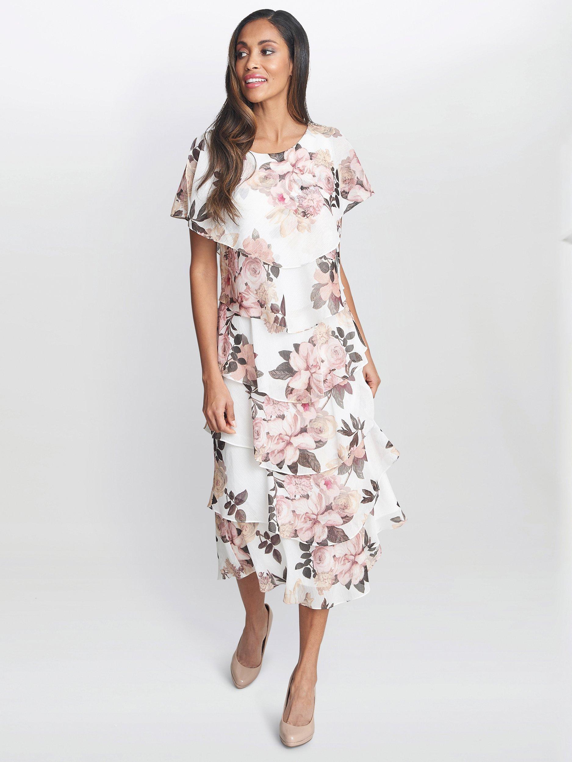 Product image 3 of 6, which shows Gina Bacconi Alice Tiered Midi Dress, Ivory/Pink, 10