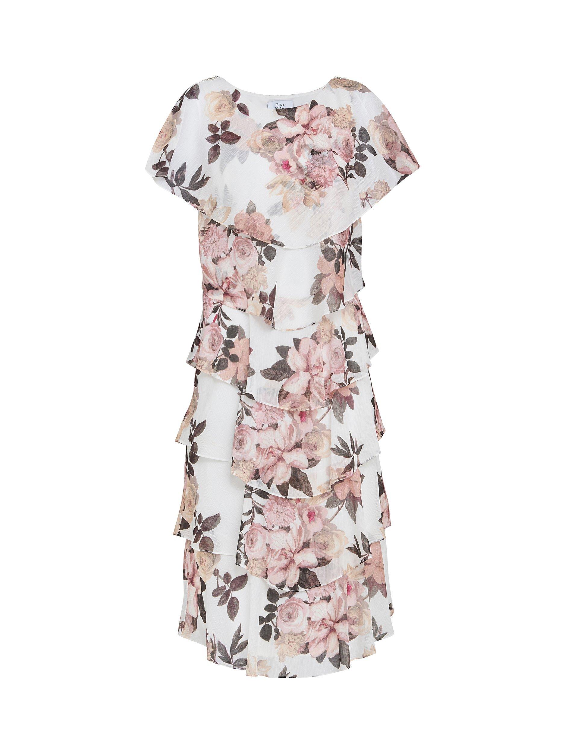 Product image 4 of 6, which shows Gina Bacconi Alice Tiered Midi Dress, Ivory/Pink, 10