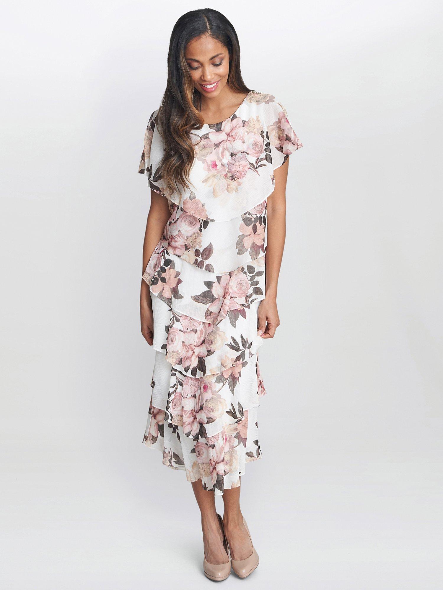 Product image 6 of 6, which shows Gina Bacconi Alice Tiered Midi Dress, Ivory/Pink, 10
