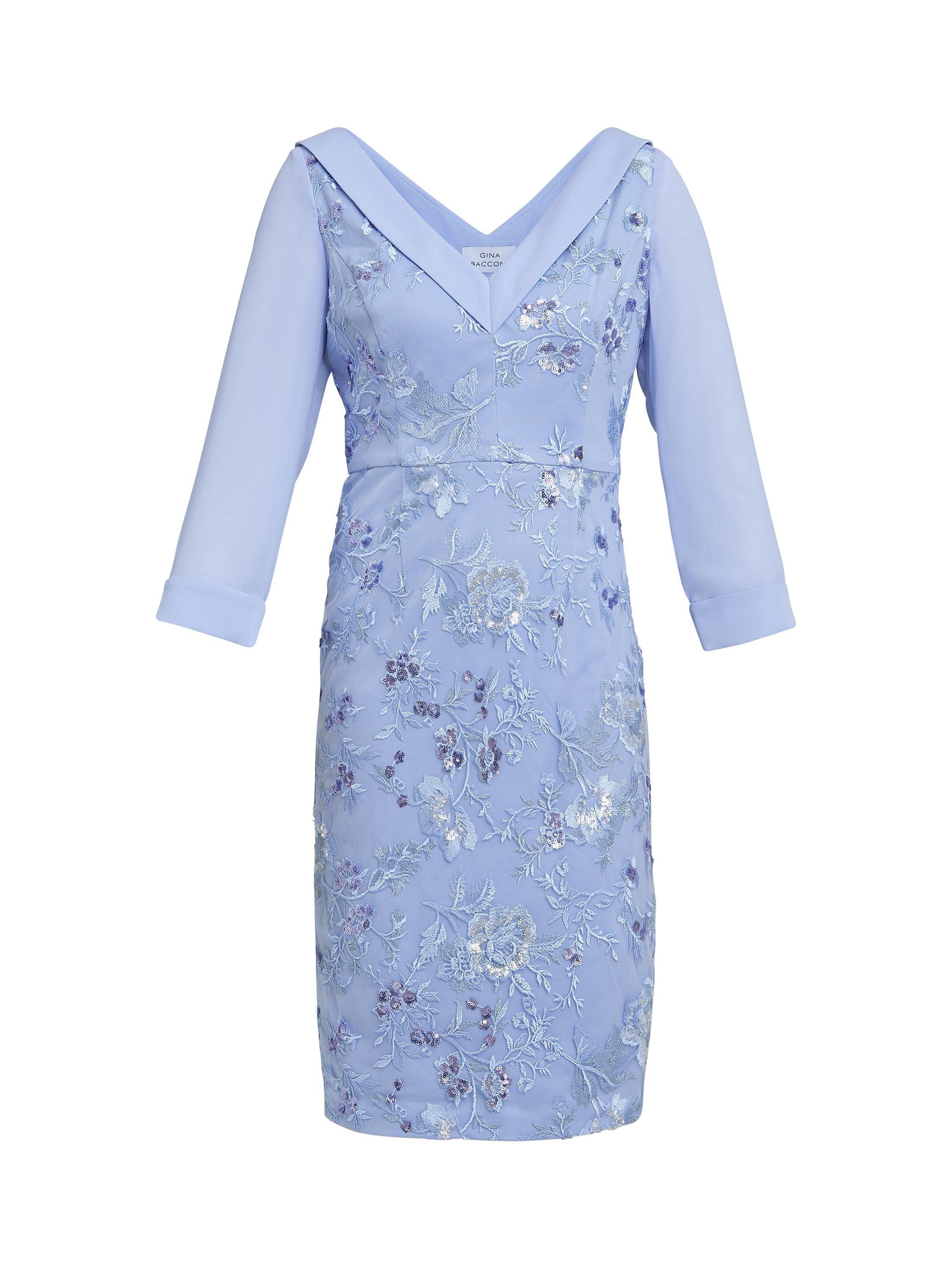 Product image 6 of 6, which shows Gina Bacconi Daisy Embroidered Crepe Dress, Nordic Blue, 10
