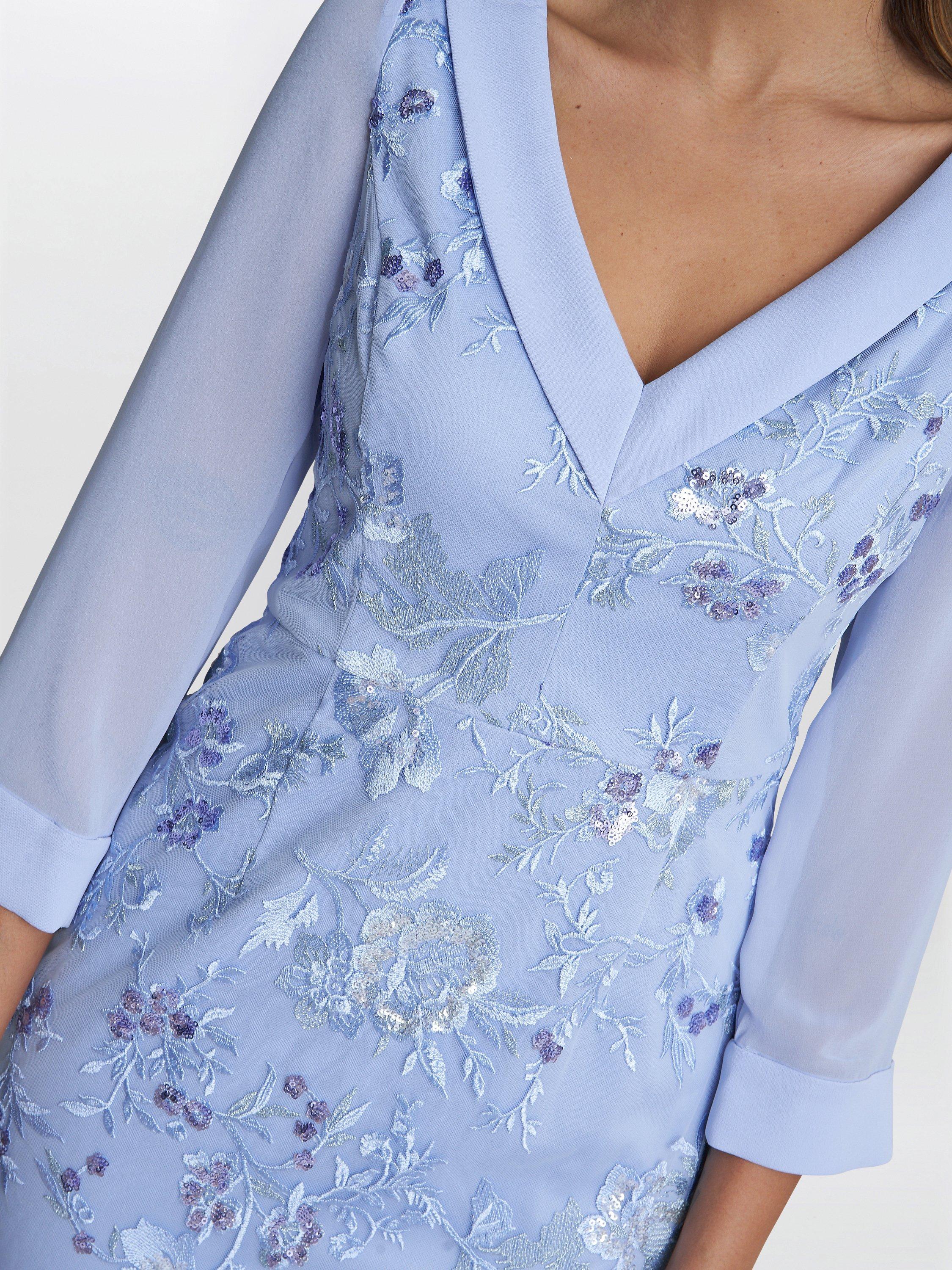 Product image 5 of 6, which shows Gina Bacconi Daisy Embroidered Crepe Dress, Nordic Blue, 10