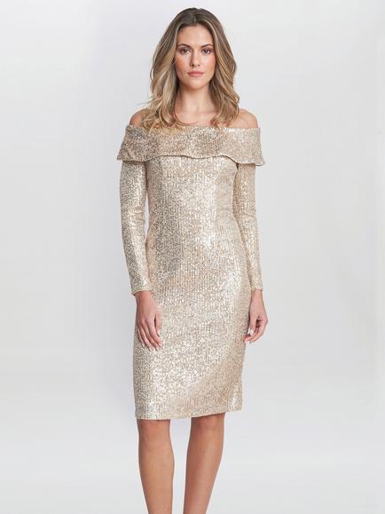 Gina Bacconi Anthea Off The Shoulder Sequin Knee Length Dress, Taupe, Taupe
