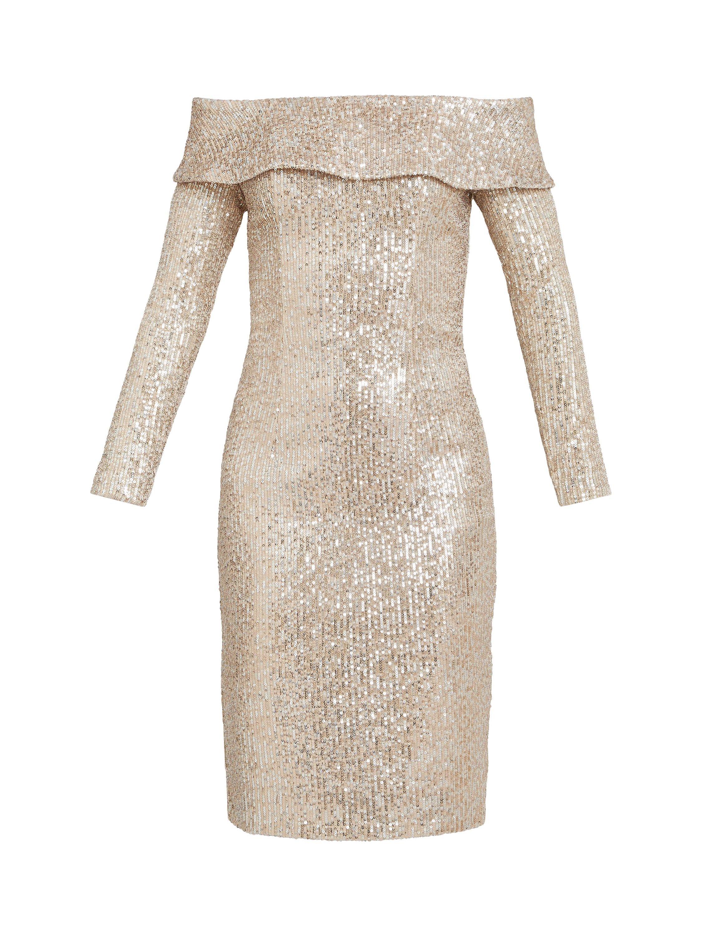 Product image 4 of 5, which shows Gina Bacconi Anthea Off The Shoulder Sequin Knee Length Dress, Taupe, 10
