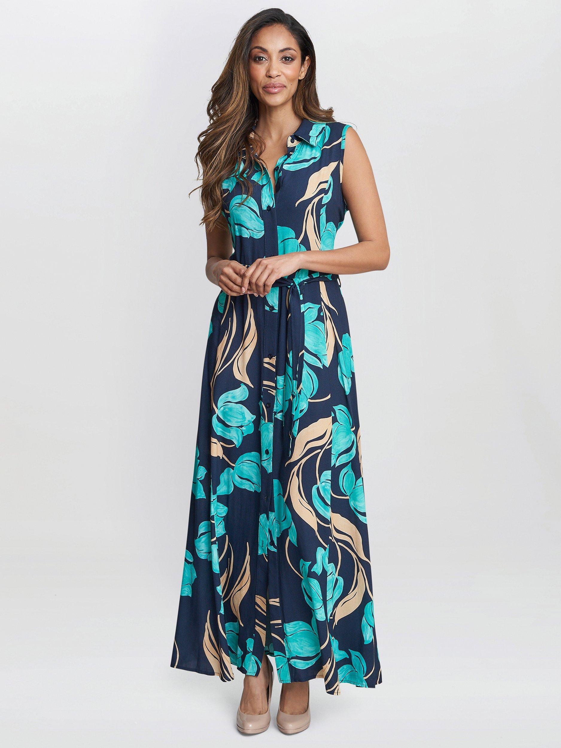 Product image 2 of 6, which shows Gina Bacconi Ariel Sleeveless Shirt Maxi Dress, Navy/Multi, S