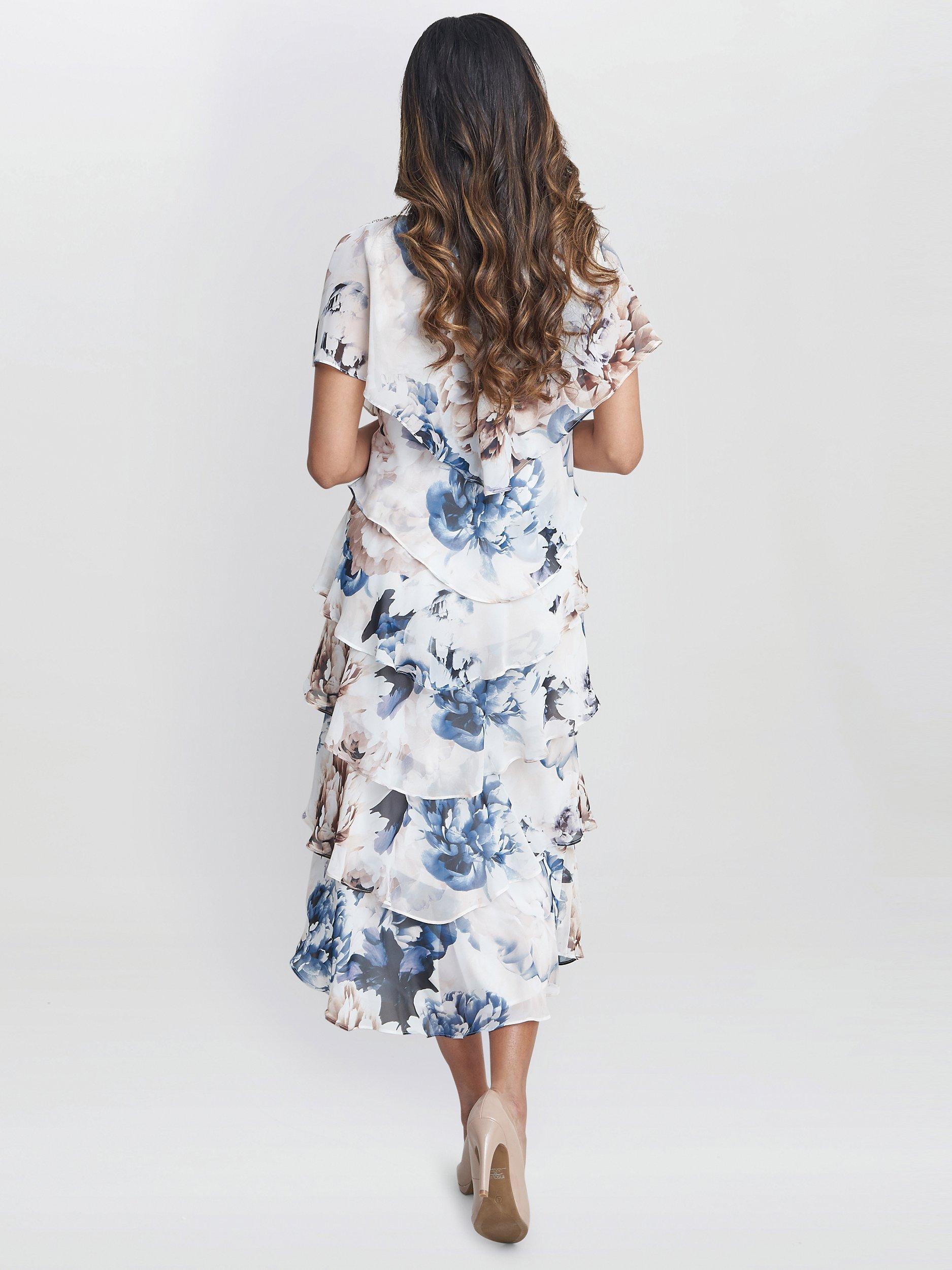 Product image 2 of 5, which shows Gina Bacconi Jocelyn Graphic Floral Tiered Midi Dress, Ivory/Multi, 10