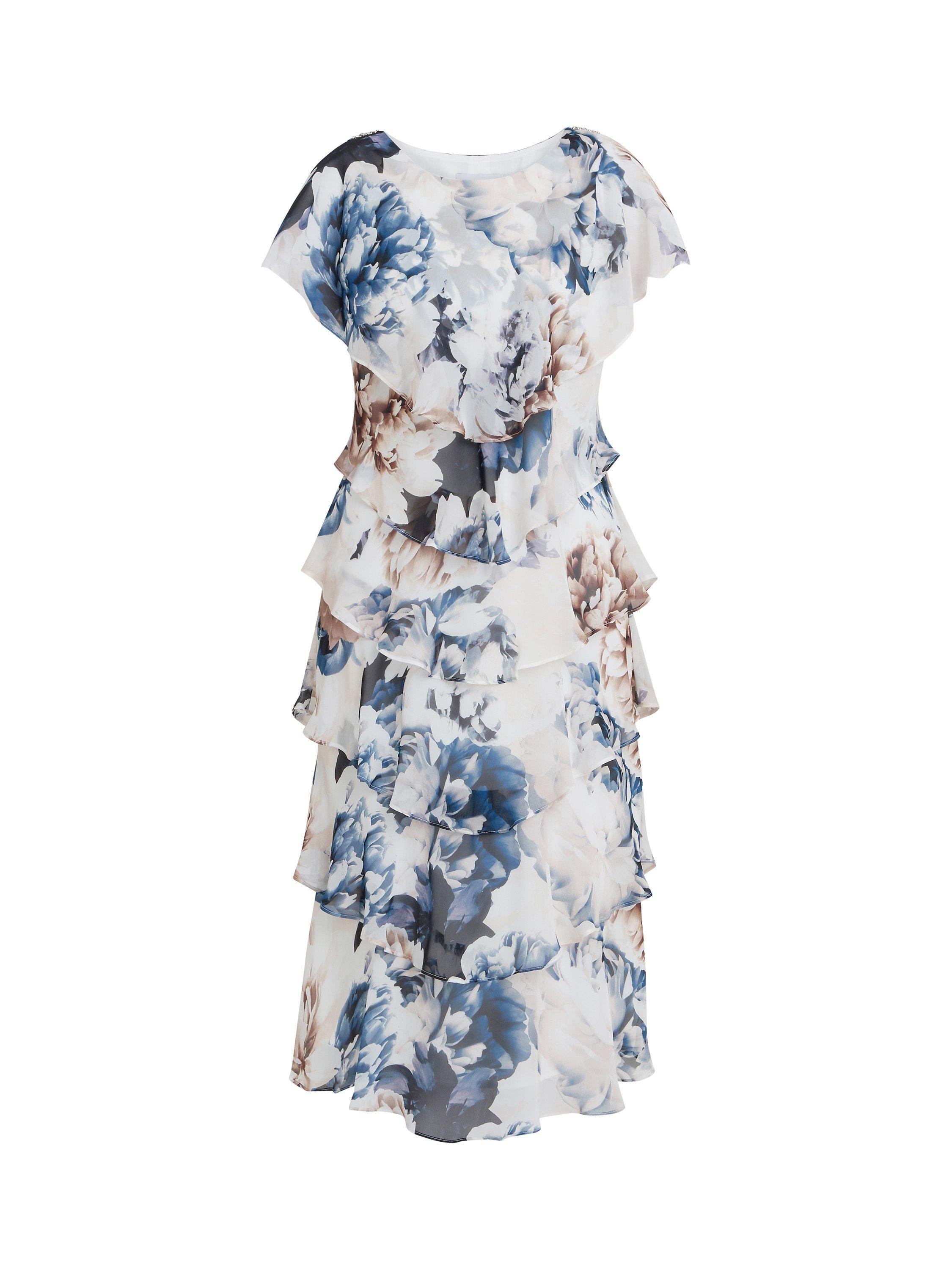 Product image 5 of 5, which shows Gina Bacconi Jocelyn Graphic Floral Tiered Midi Dress, Ivory/Multi, 10