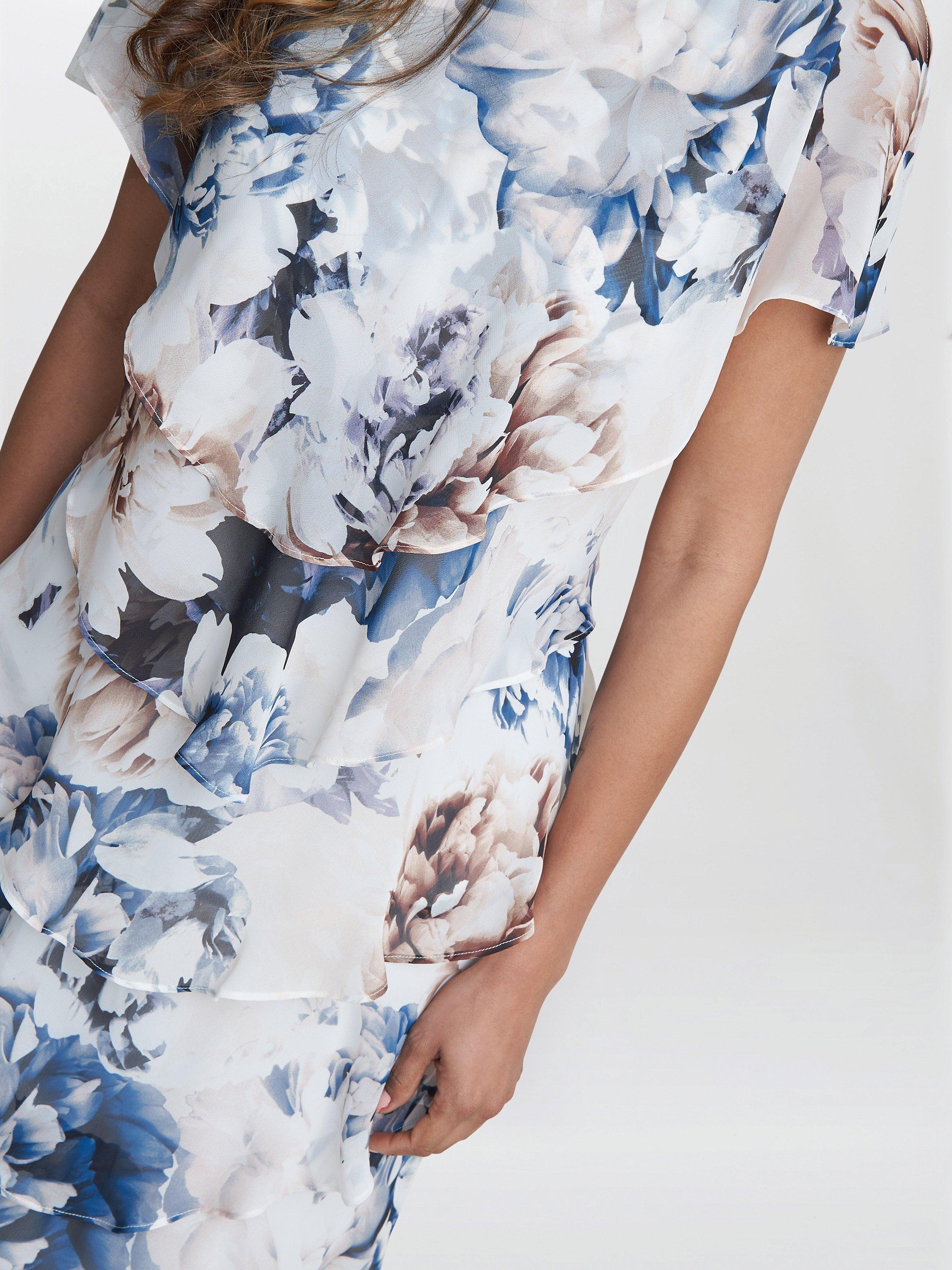 Product image 4 of 5, which shows Gina Bacconi Jocelyn Graphic Floral Tiered Midi Dress, Ivory/Multi, 10