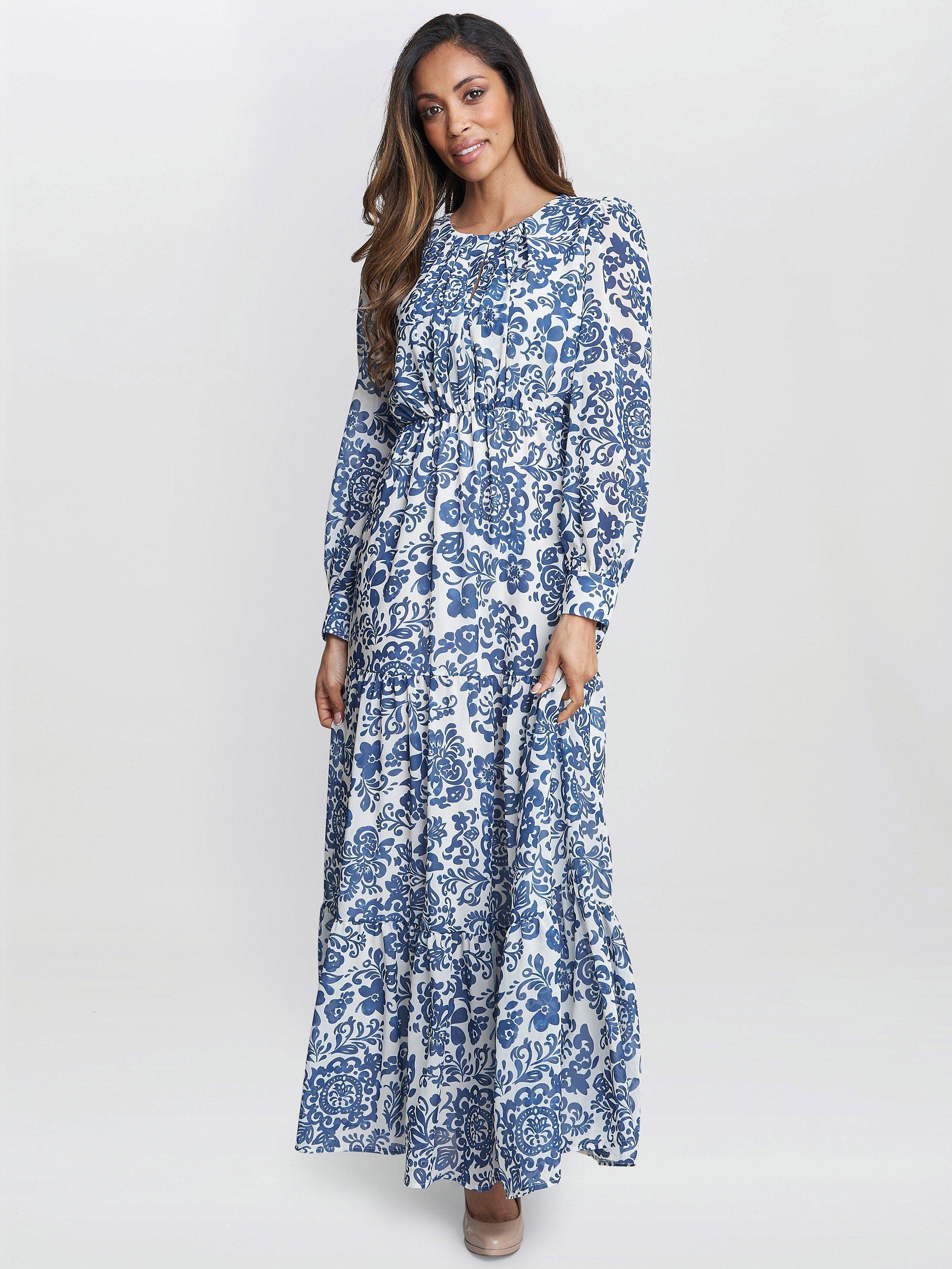 Gina Bacconi Jojo Tiered Floral Maxi Dress Navy Cream