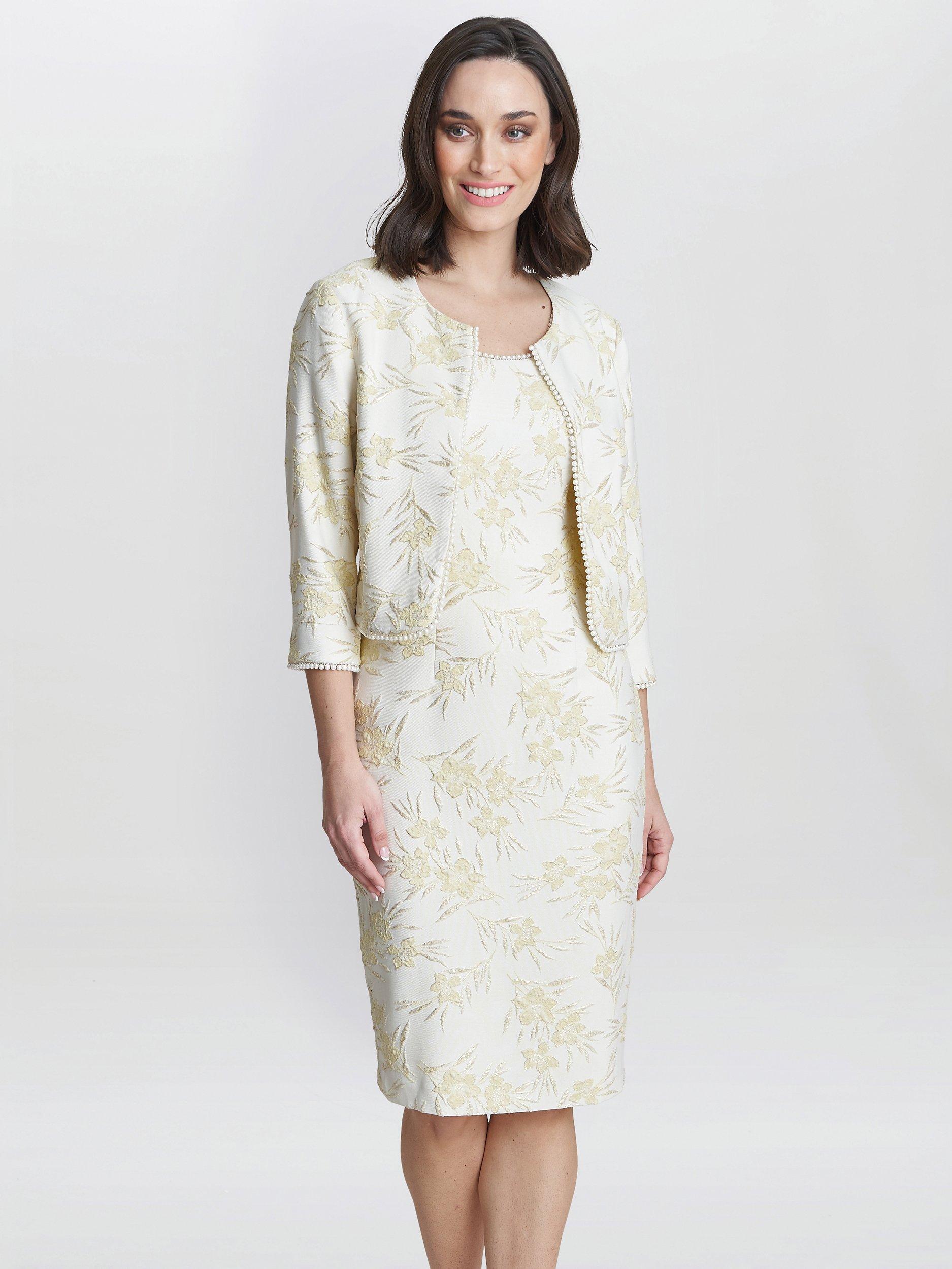 Gina Bacconi Lindsay Floral Jacquard Pearl Trim Dress Jacket Yellow Gold