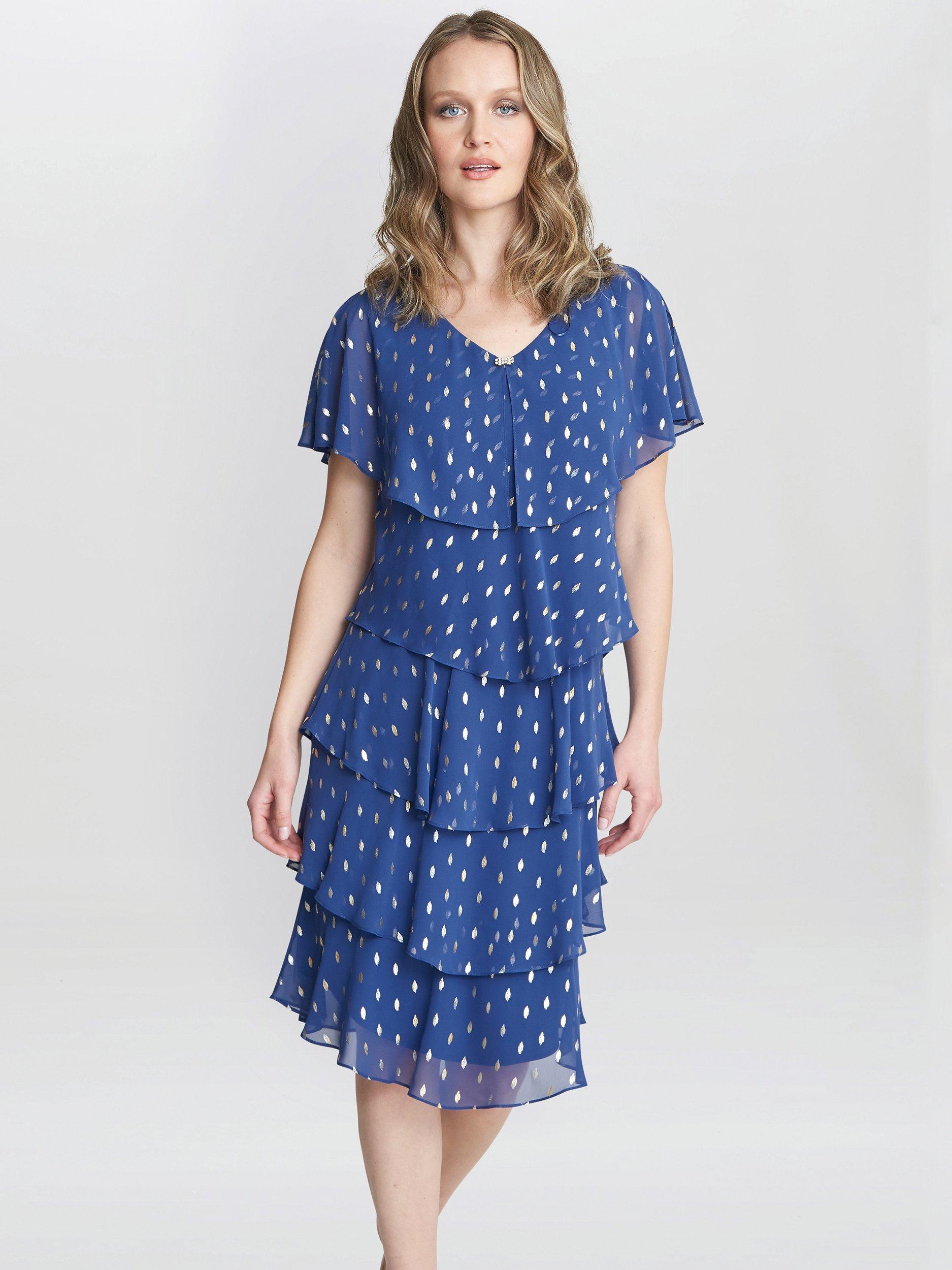 Product image 1 of 5, which shows Gina Bacconi Juliette Foil Print Tiered Dress, Wedgewood, 10