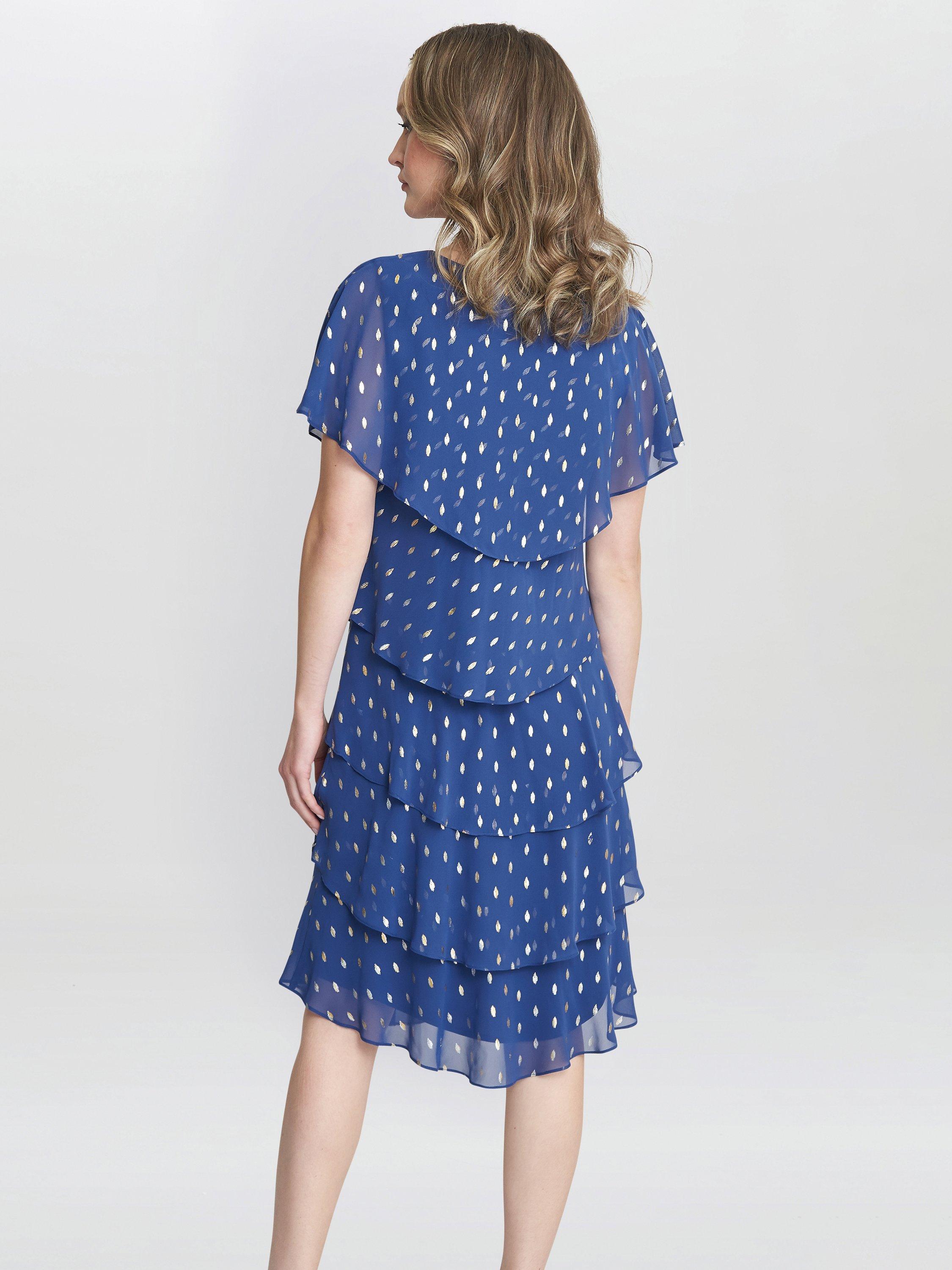Product image 2 of 5, which shows Gina Bacconi Juliette Foil Print Tiered Dress, Wedgewood, 10