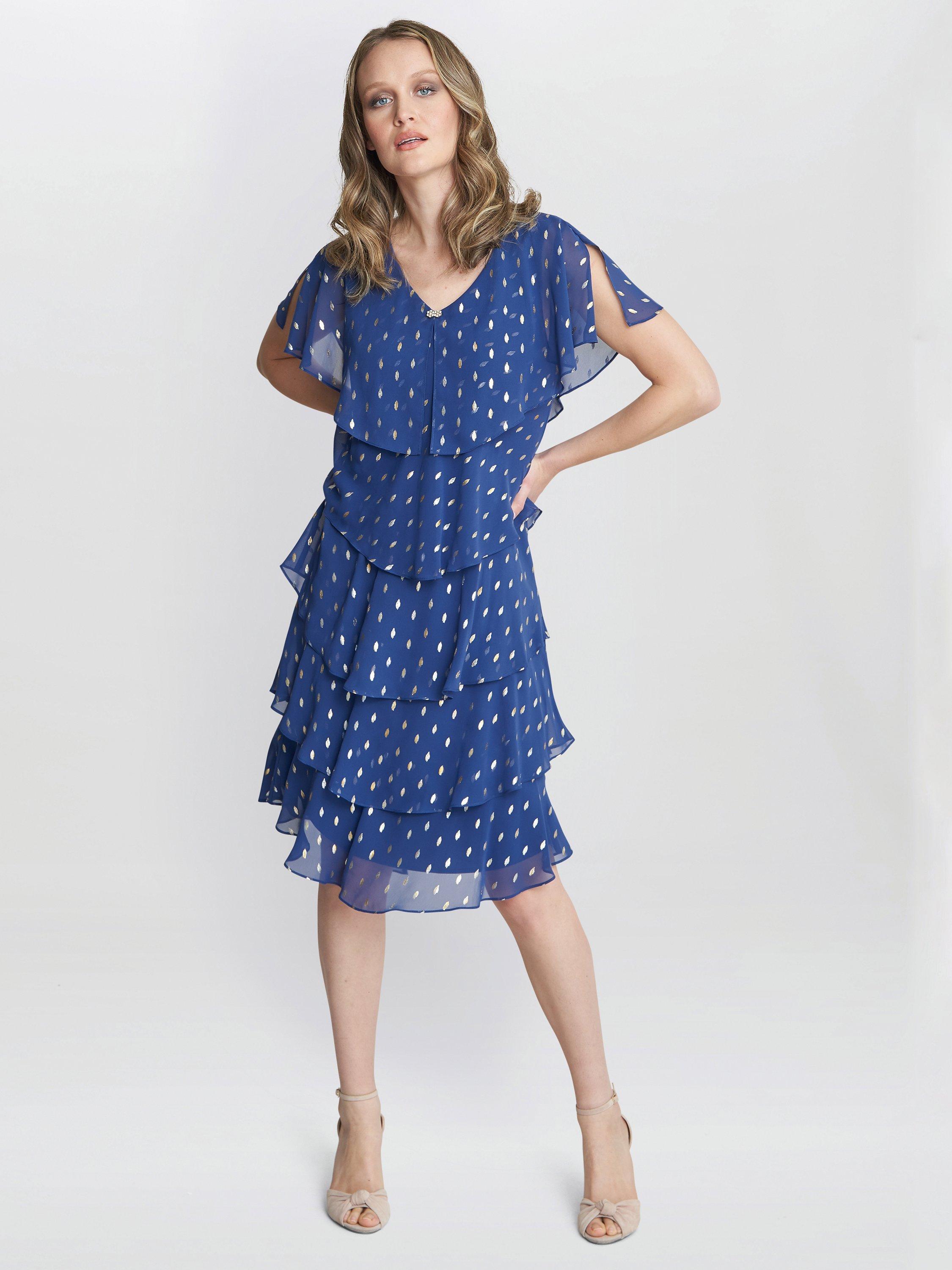 Product image 3 of 5, which shows Gina Bacconi Juliette Foil Print Tiered Dress, Wedgewood, 10