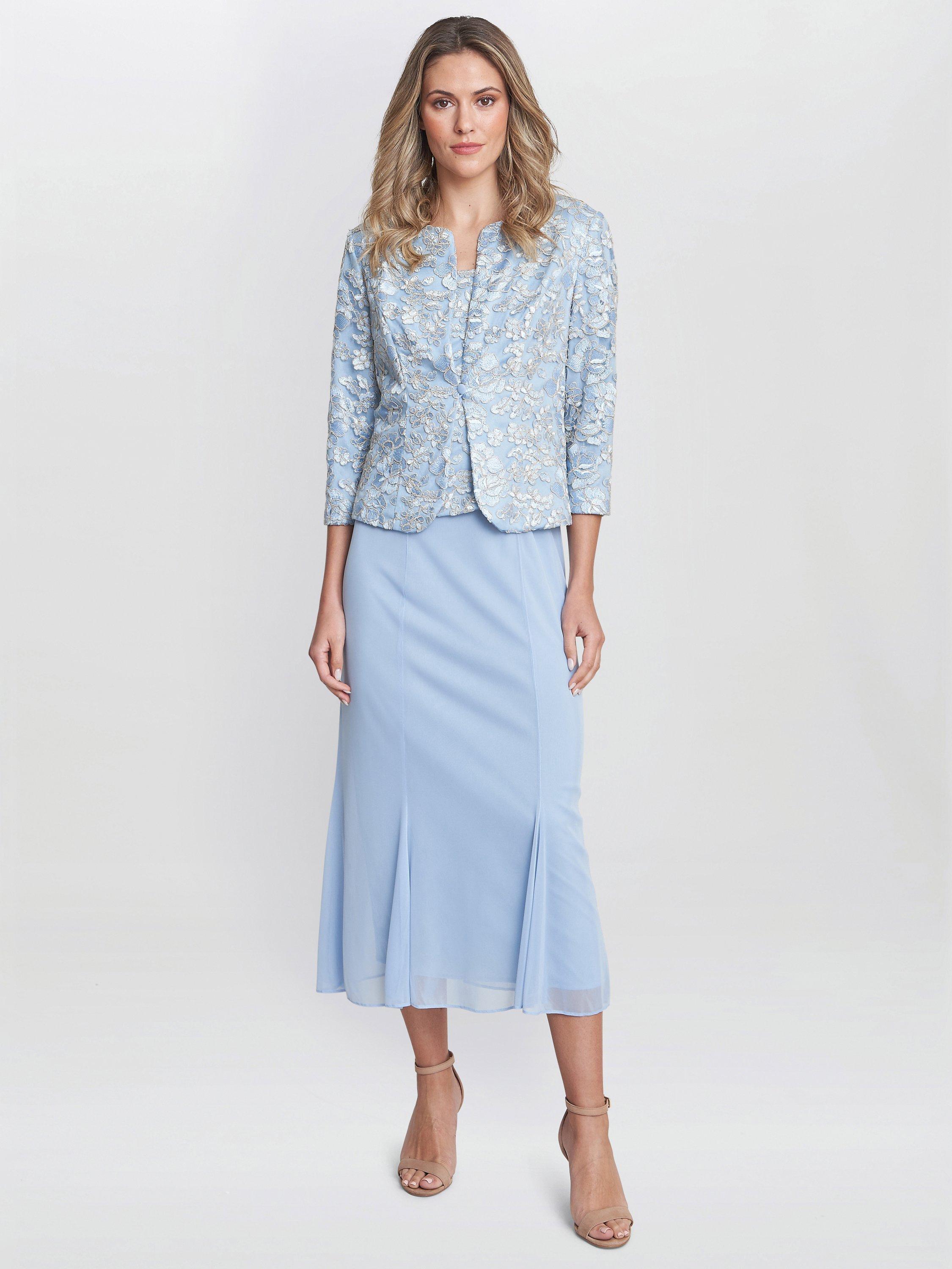 Gina Bacconi Joyce Embroidered Lace Jacket And Midi Dress, Light Blue