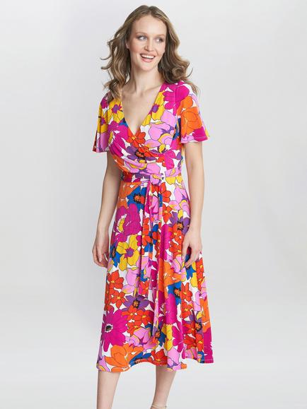 Gina Bacconi Ellie Fit And Flare Midi Dress, Pink/Orange, Pink/Orange
