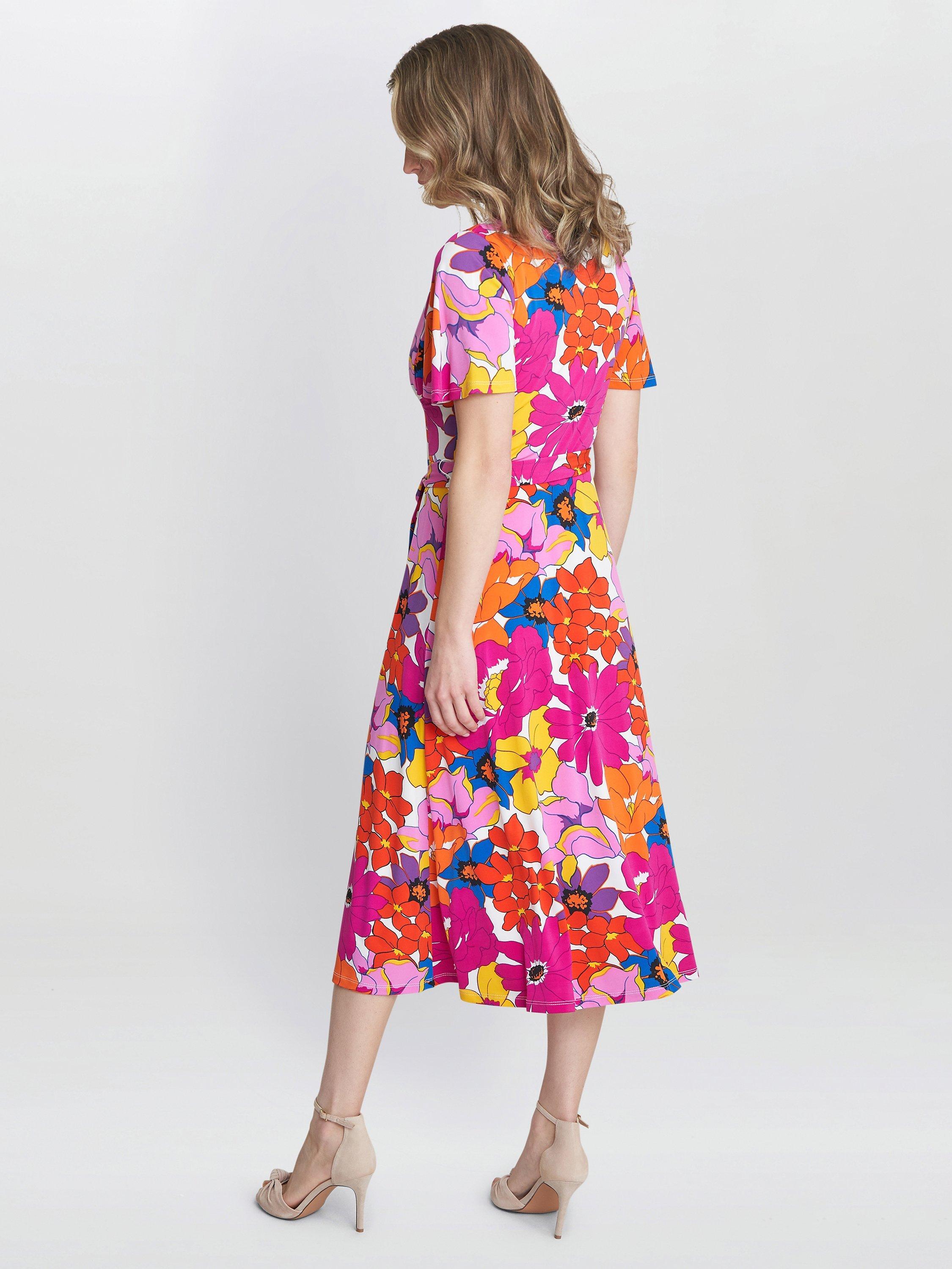 Product image 2 of 5, which shows Gina Bacconi Ellie Fit And Flare Midi Dress, Pink/Orange, 8