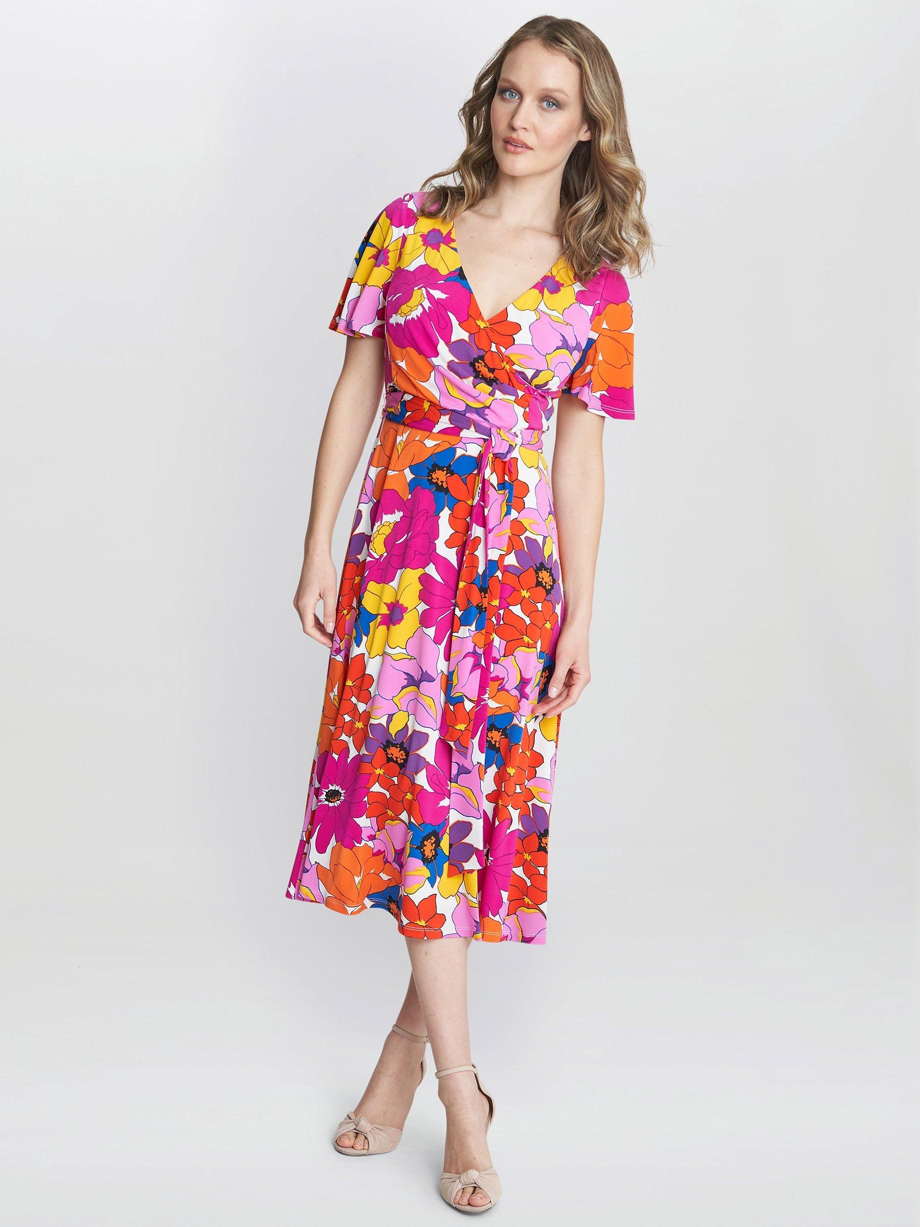 Product image 3 of 5, which shows Gina Bacconi Ellie Fit And Flare Midi Dress, Pink/Orange, 8