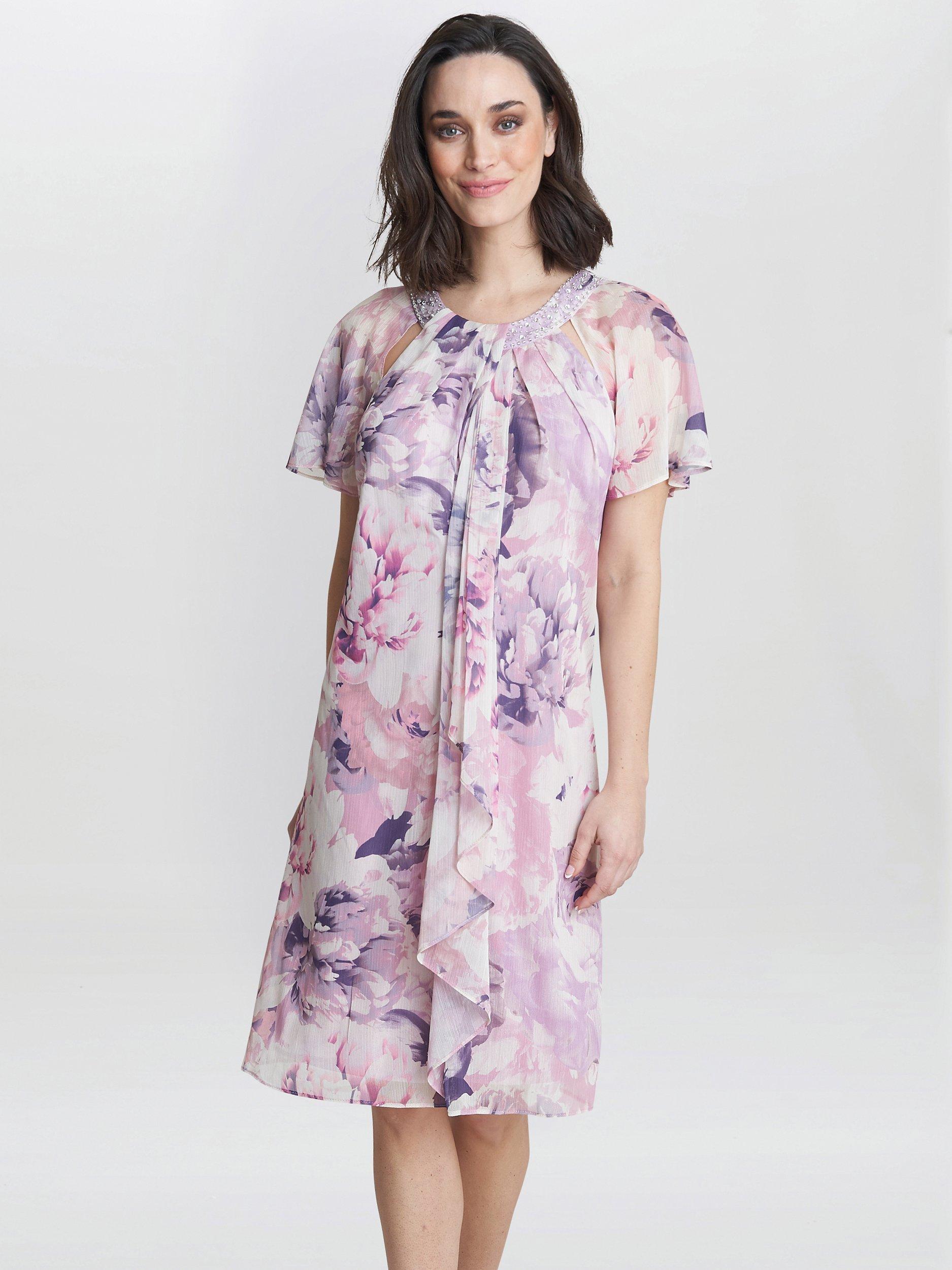 Product image 1 of 5, which shows Gina Bacconi Erika Embellished Knee Length Dress, Lilac/Multi, 10