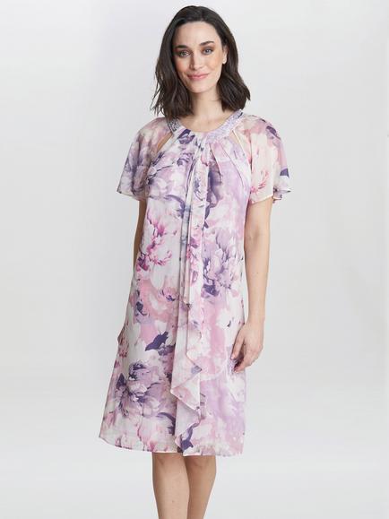 Gina Bacconi Erika Embellished Knee Length Dress, Lilac/Multi, Lilac/Multi