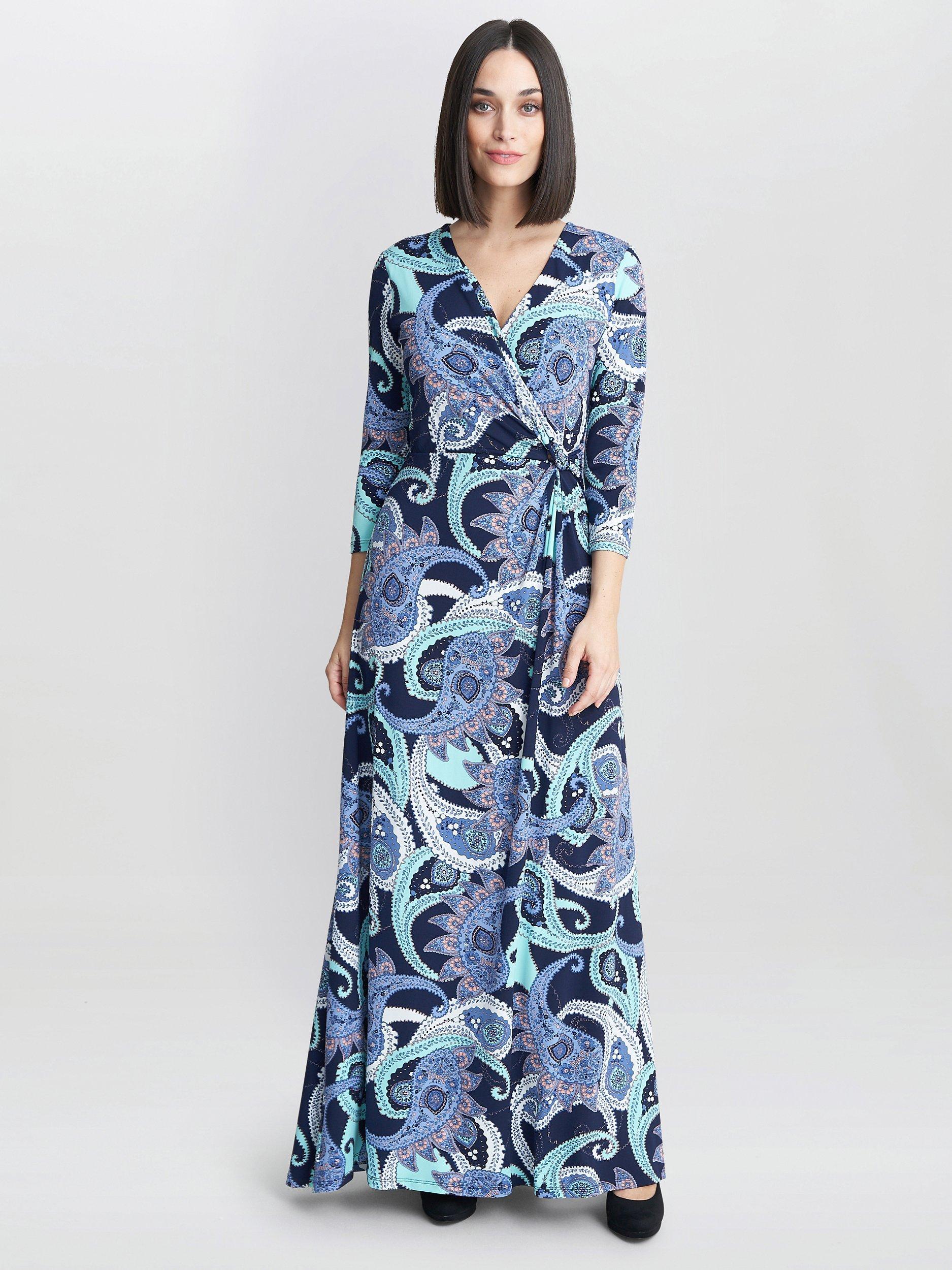 Product image 1 of 6, which shows Gina Bacconi Danielle Jersey Wrap Maxi Dress, Navy/Green, 8