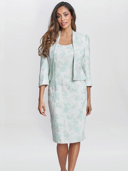 Gina Bacconi Eva Floral Jacquard Dress & Jacket, Aqua/Green - view 2, Aqua/Green