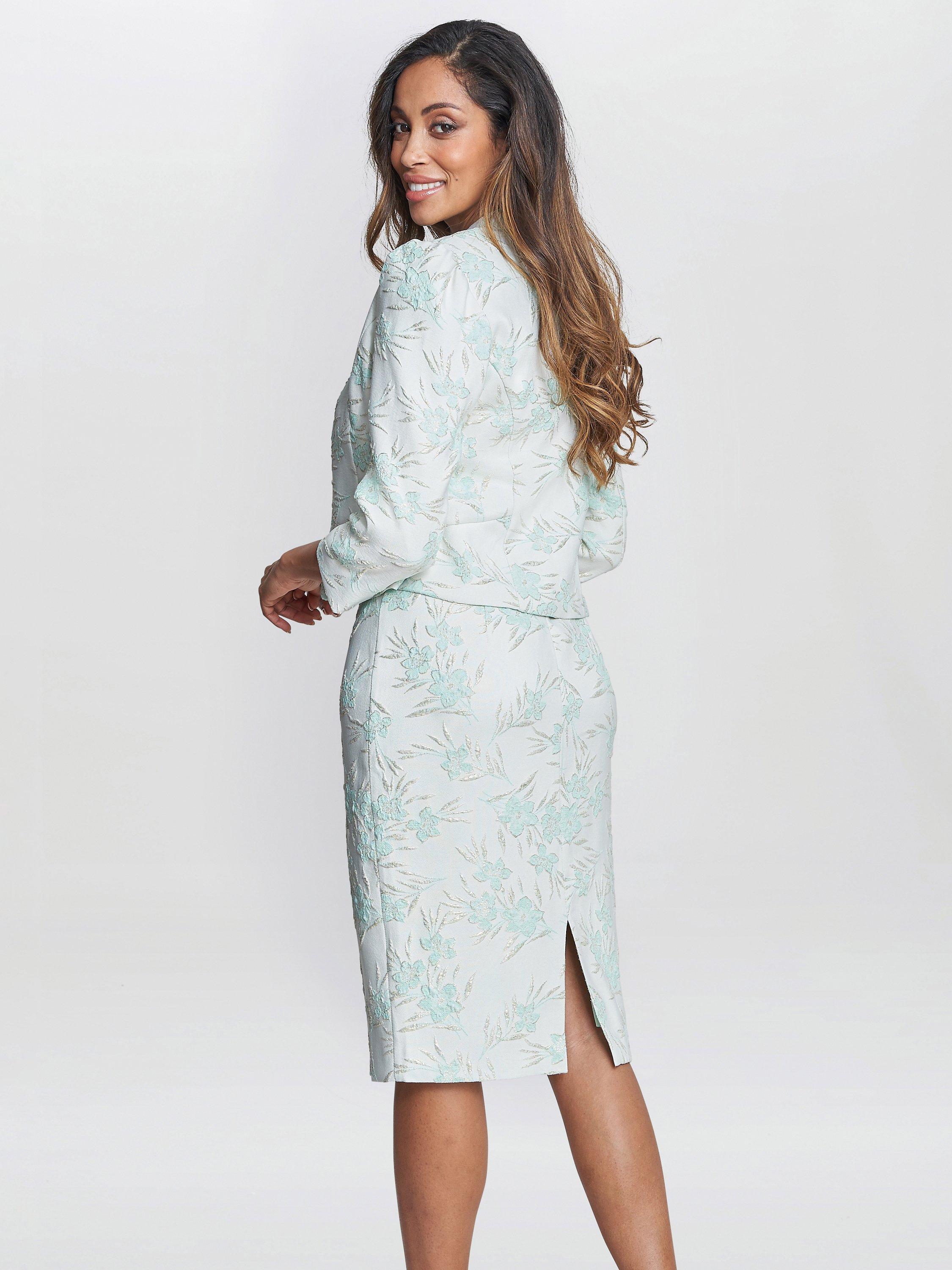 Product image 3 of 6, which shows Gina Bacconi Eva Floral Jacquard Dress & Jacket, Aqua/Green, 8