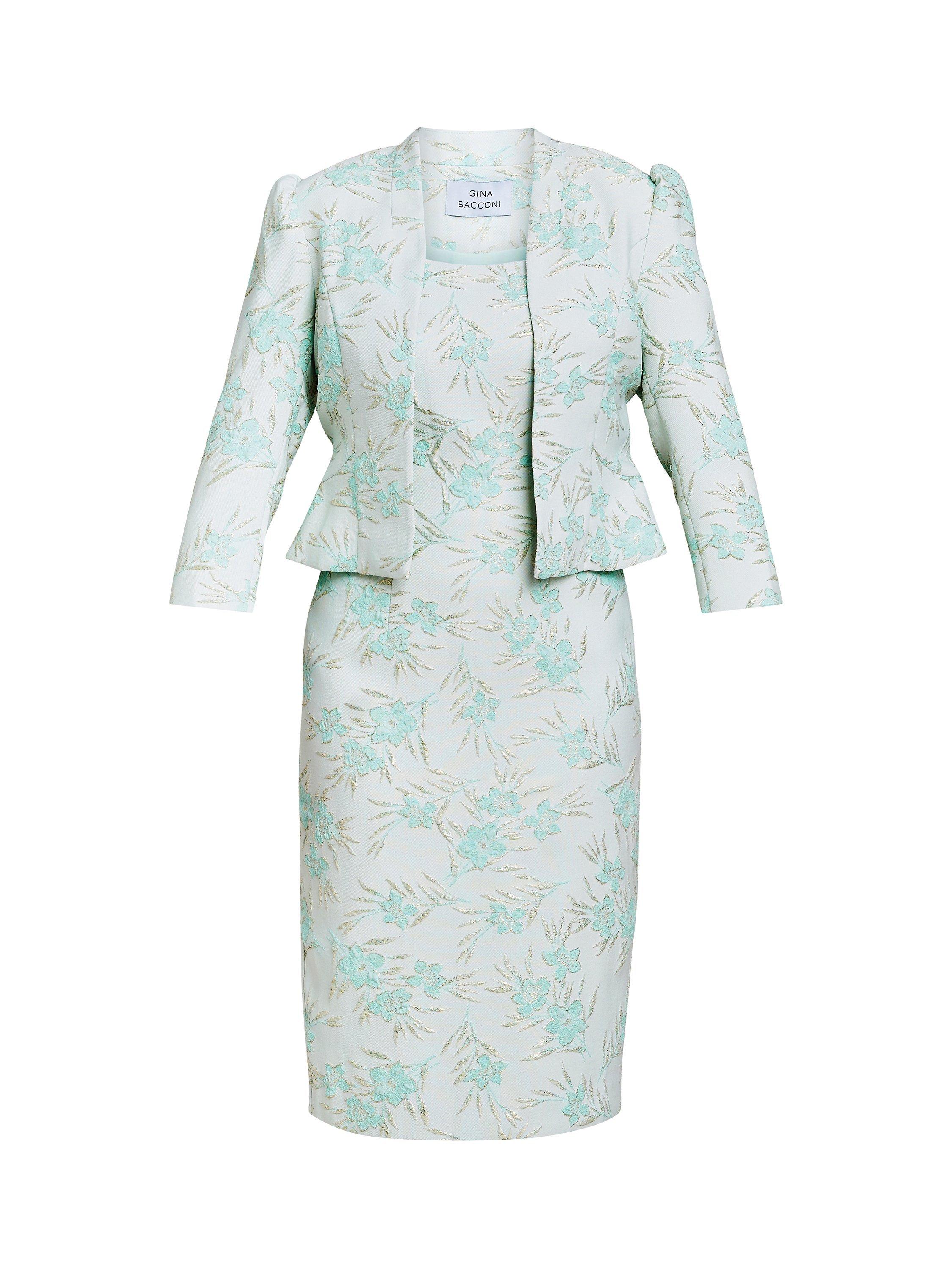 Product image 6 of 6, which shows Gina Bacconi Eva Floral Jacquard Dress & Jacket, Aqua/Green, 8