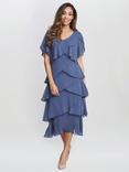 Gina Bacconi Fleur V Neck With Bugle Beads Tier Midi Dress, Wedgewood