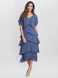 Gina Bacconi Fleur V Neck With Bugle Beads Tier Midi Dress, Wedgewood