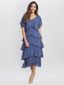 Gina Bacconi Fleur V Neck With Bugle Beads Tier Midi Dress, Wedgewood, Wedgewood